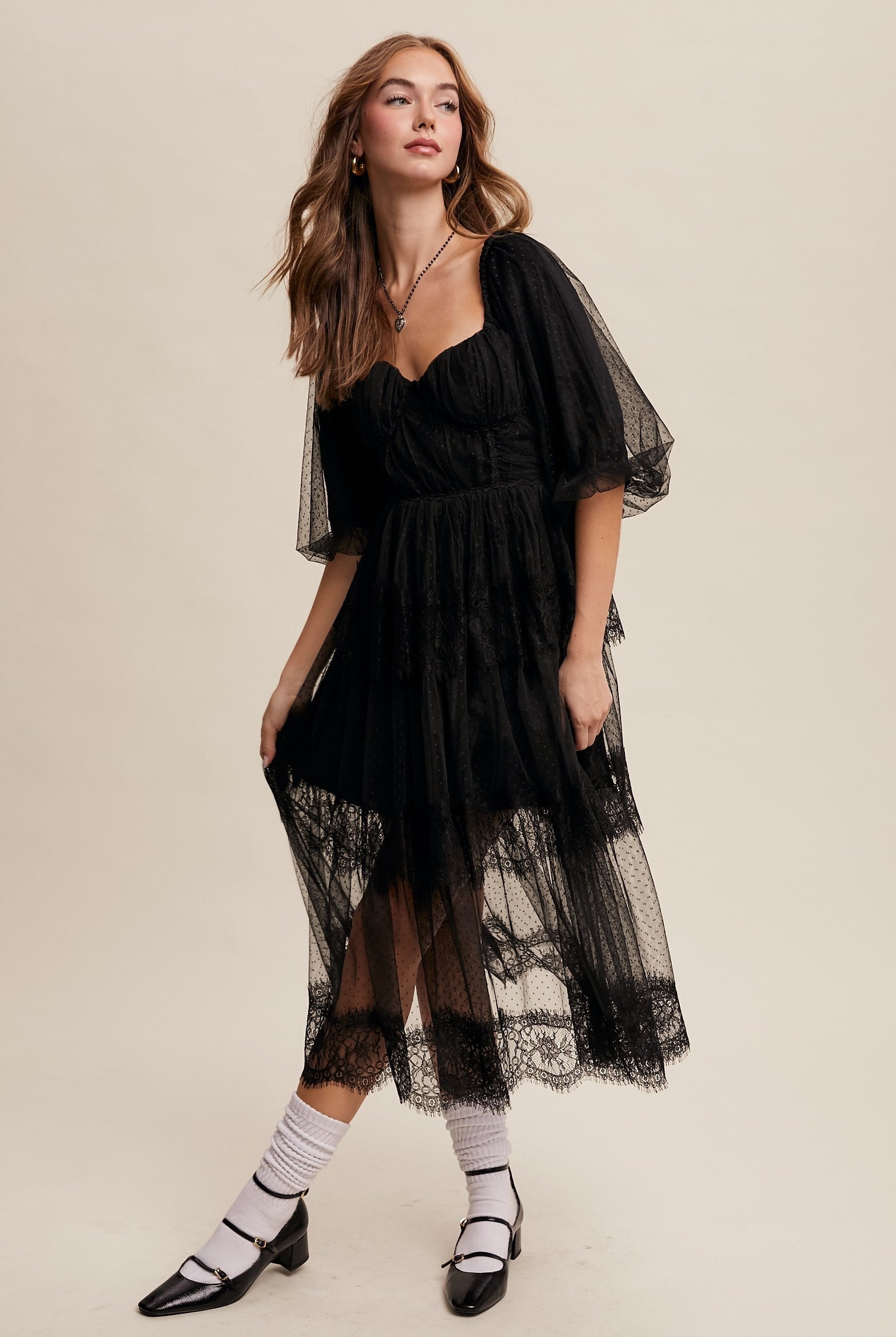 Tiered Lace and Velvet Bustier Midi Dress with Puff Sleeves - Listicle - RARA Boutique