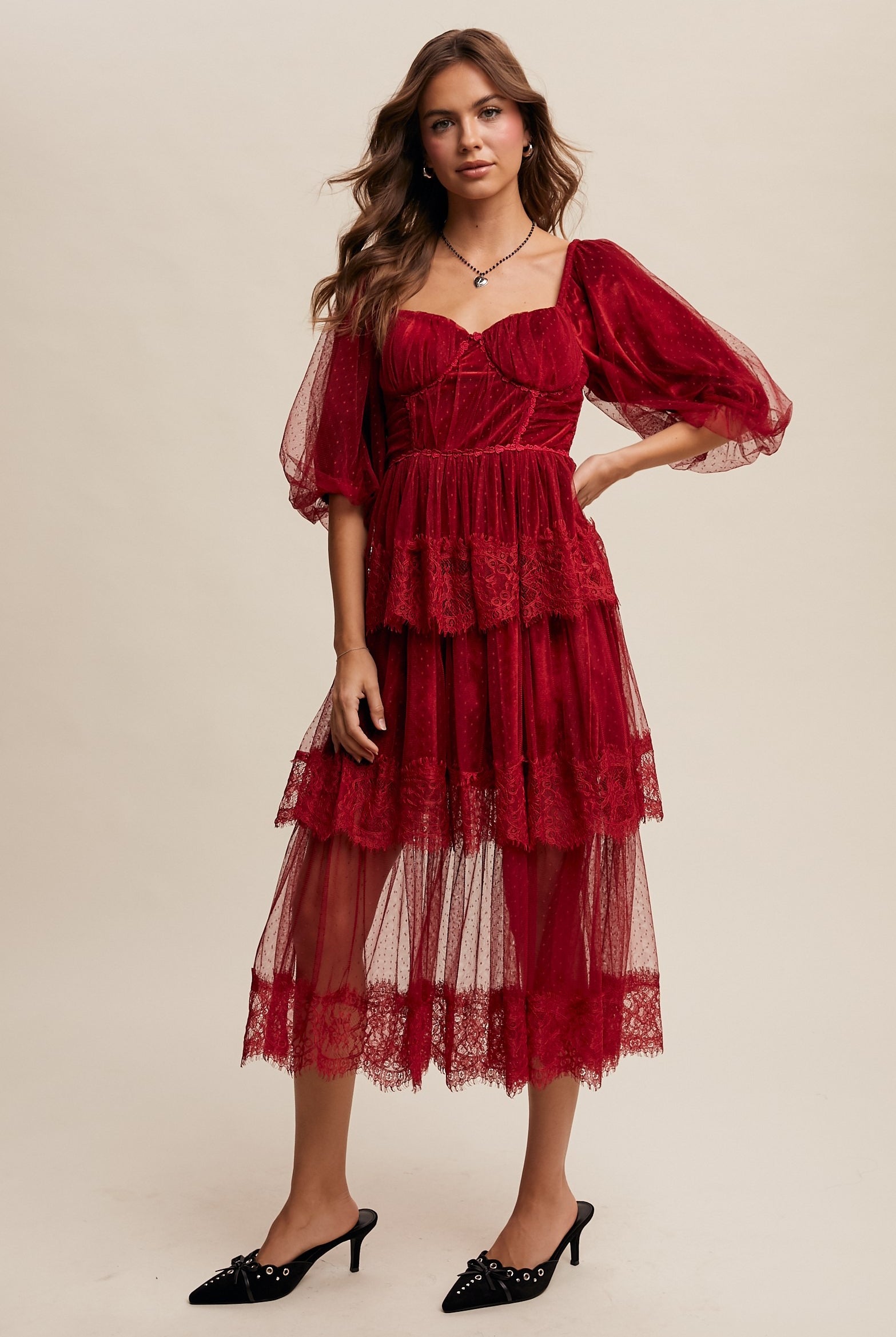 Tiered Lace and Velvet Bustier Midi Dress with Puff Sleeves - Listicle - RARA Boutique
