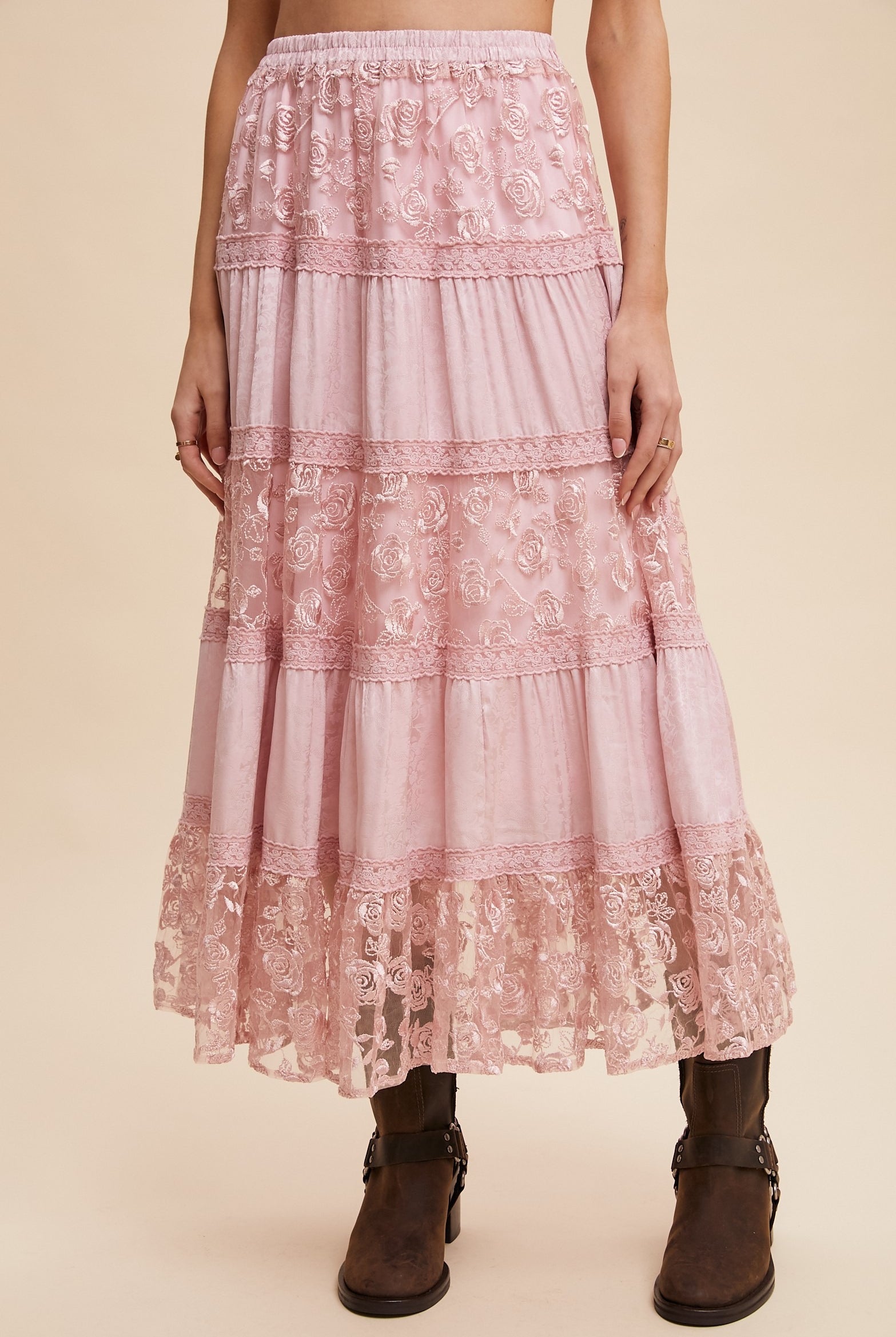 Floral Lace Embroidered Tiered Maxi Skirt - Listicle - RARA Boutique