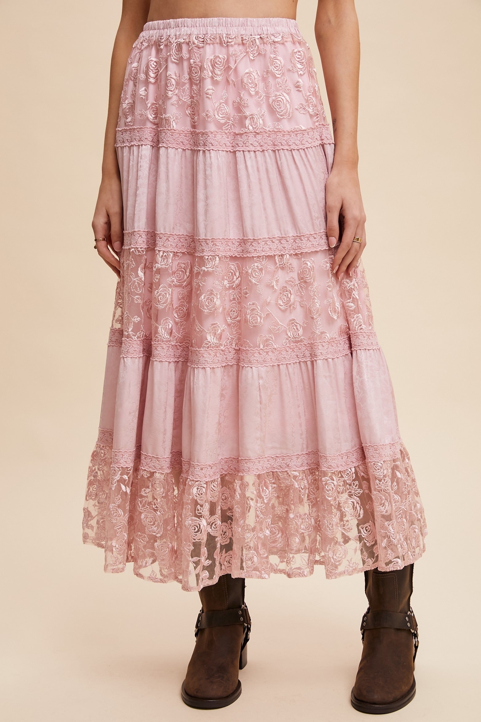 Floral Lace Embroidered Tiered Maxi Skirt - Listicle - RARA Boutique