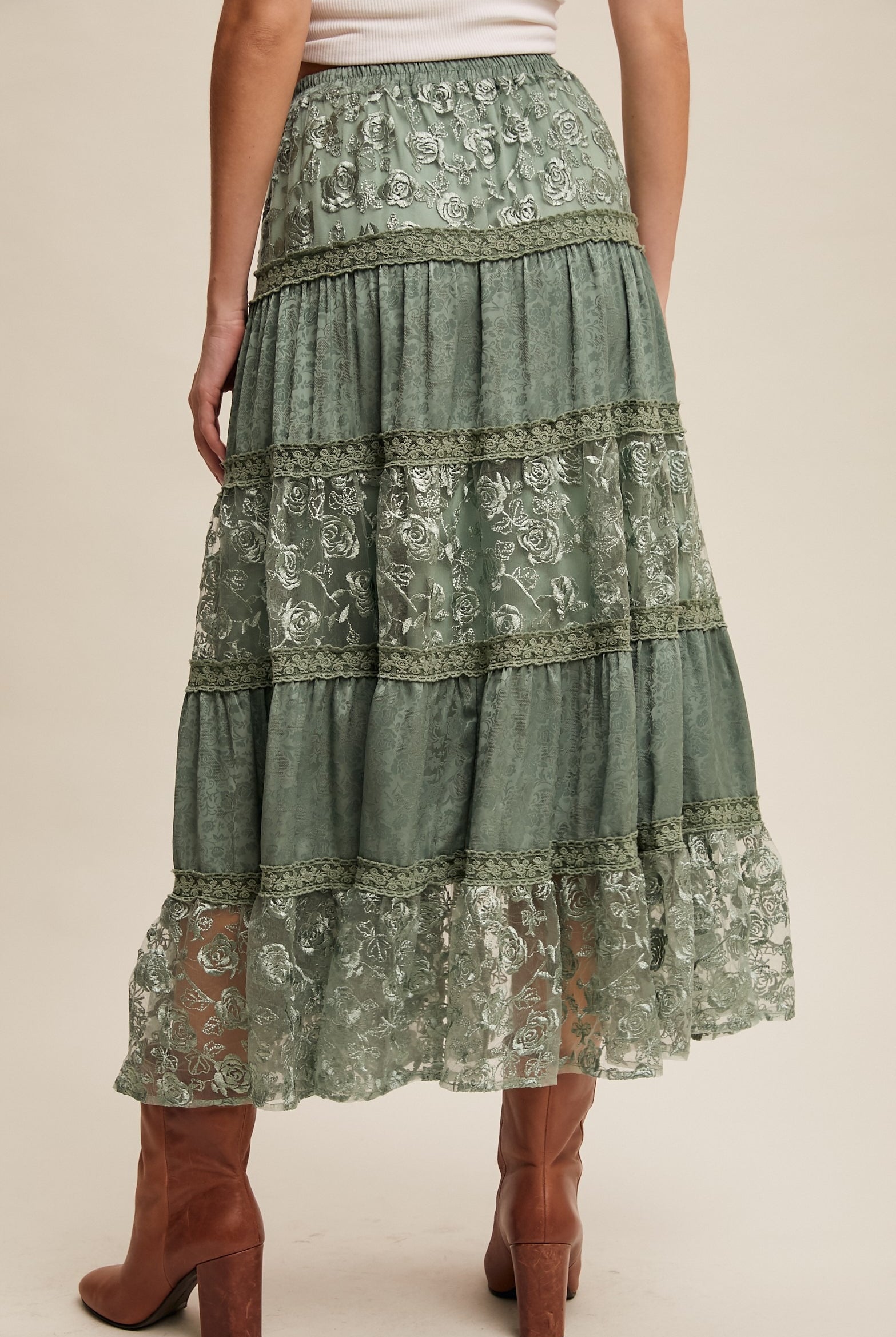 Floral Lace Embroidered Tiered Maxi Skirt - Listicle - RARA Boutique