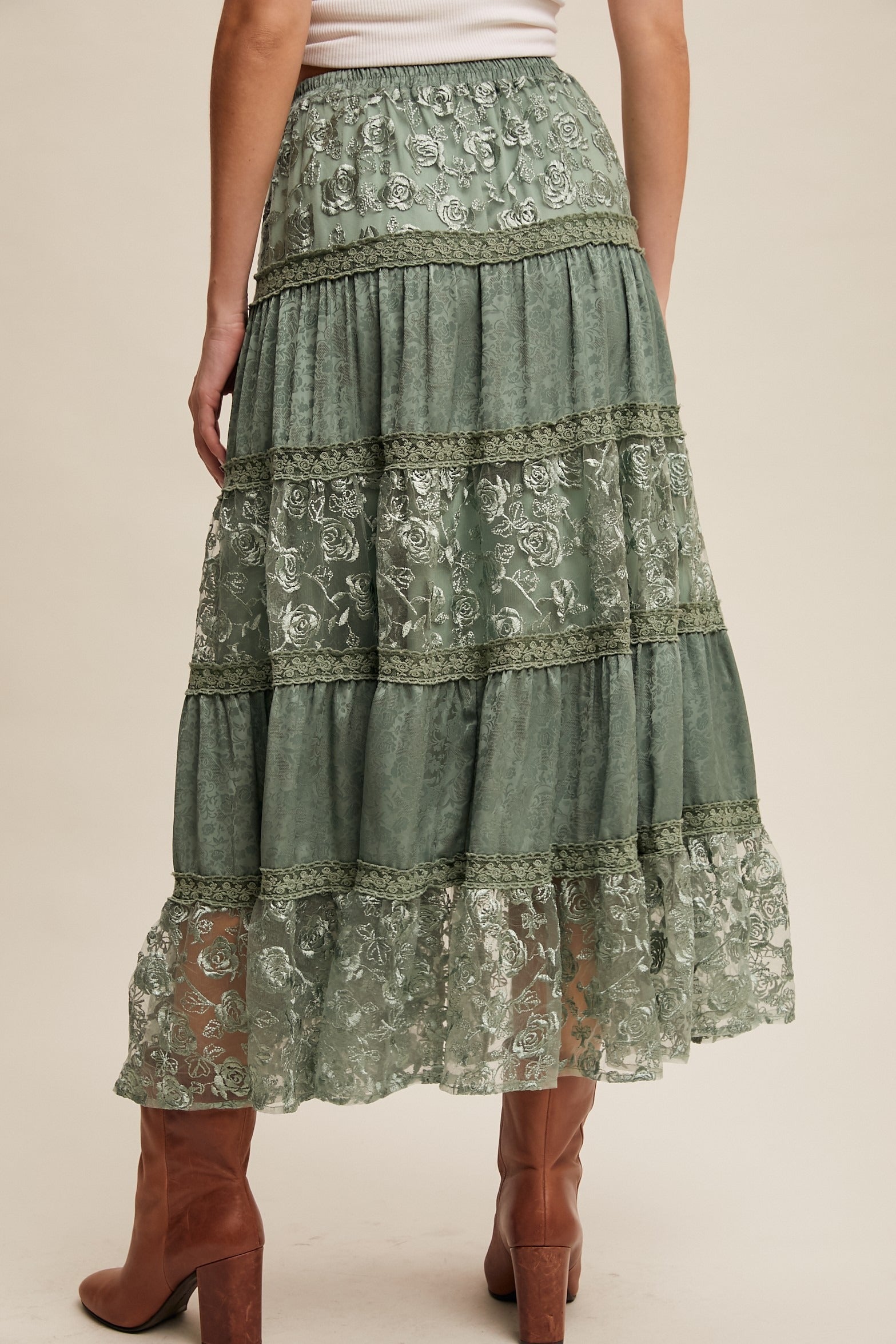 Floral Lace Embroidered Tiered Maxi Skirt - Listicle - RARA Boutique