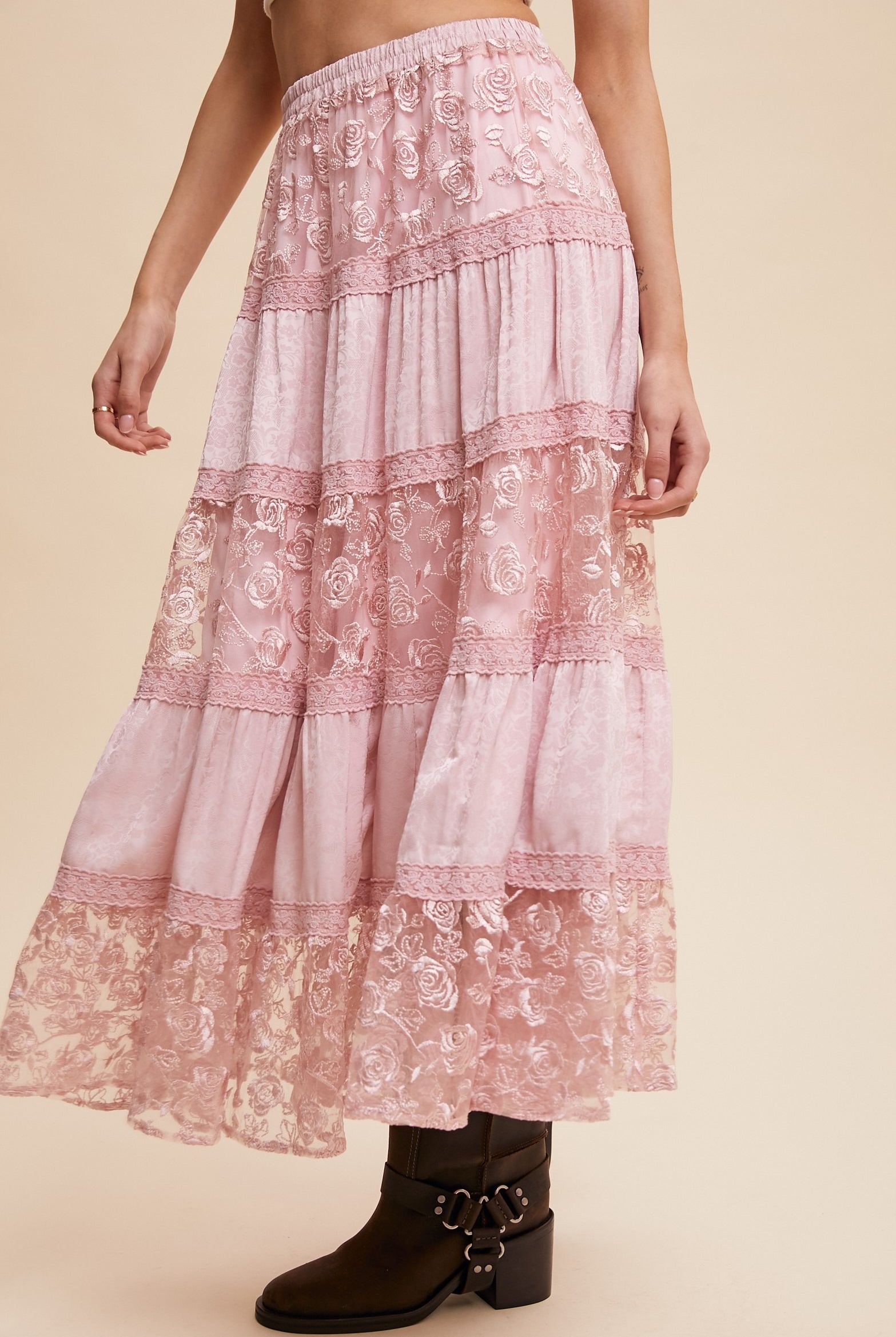 Floral Lace Embroidered Tiered Maxi Skirt - Listicle - RARA Boutique
