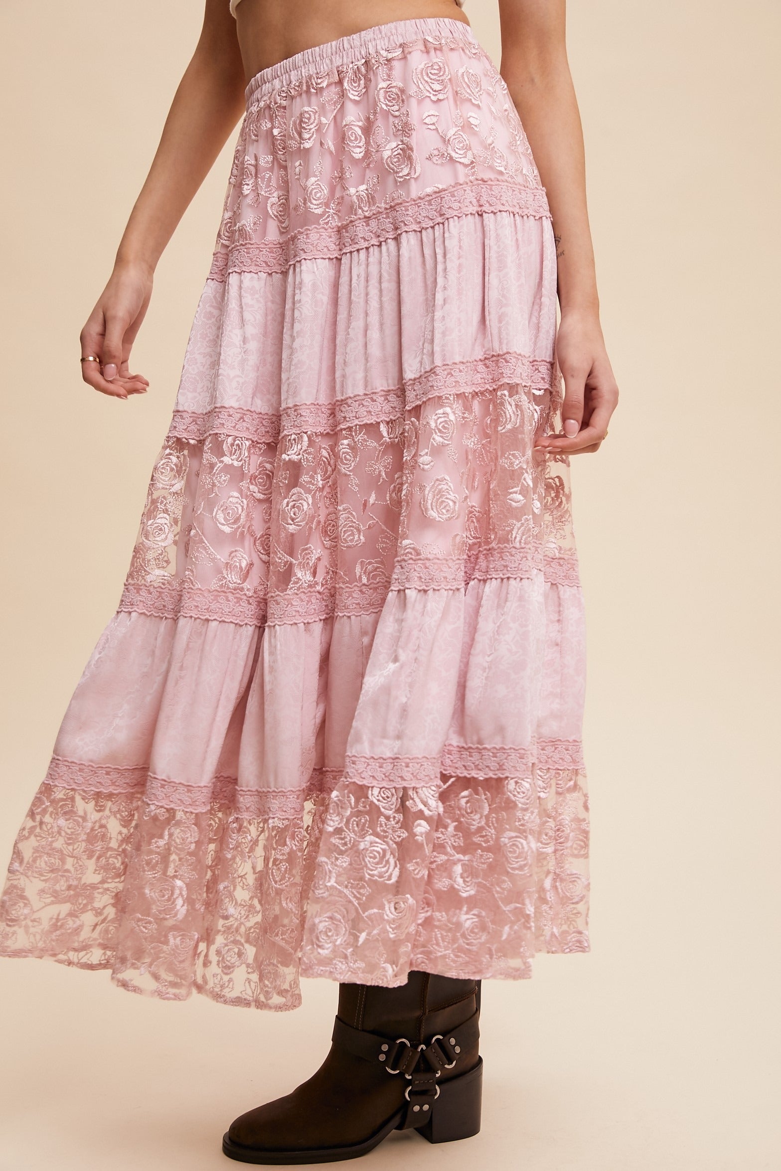 Floral Lace Embroidered Tiered Maxi Skirt - Listicle - RARA Boutique