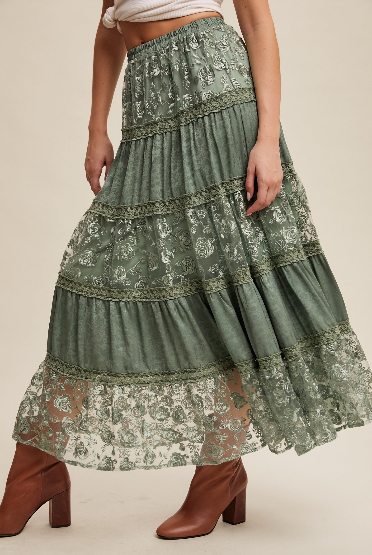 Floral Lace Embroidered Tiered Maxi Skirt - Listicle - RARA Boutique