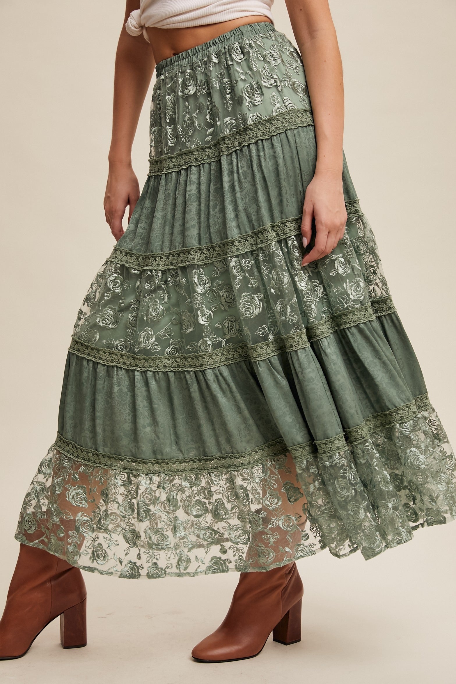 Floral Lace Embroidered Tiered Maxi Skirt - Listicle - RARA Boutique