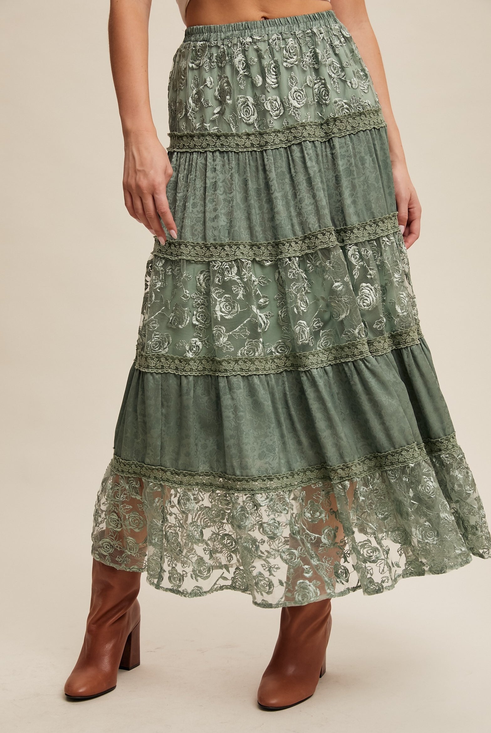 Floral Lace Embroidered Tiered Maxi Skirt - Listicle - RARA Boutique