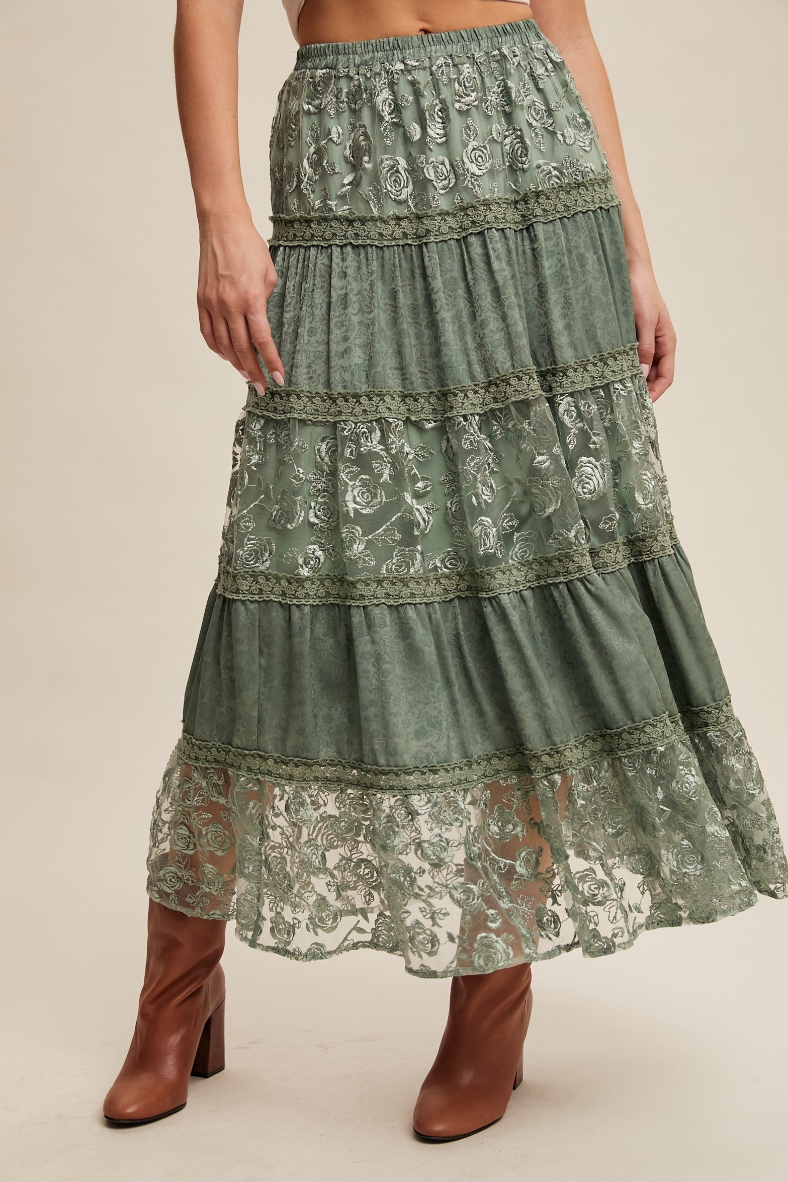 Floral Lace Embroidered Tiered Maxi Skirt - Listicle - RARA Boutique