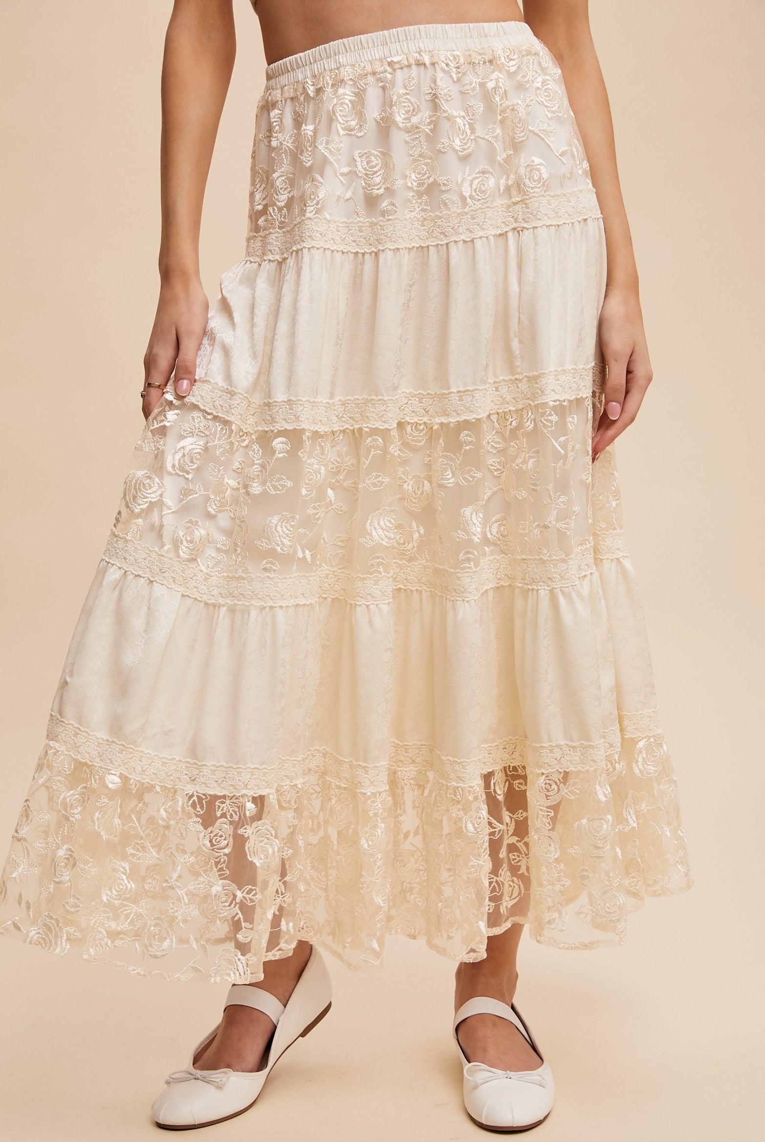 Floral Lace Embroidered Tiered Maxi Skirt - Listicle - RARA Boutique