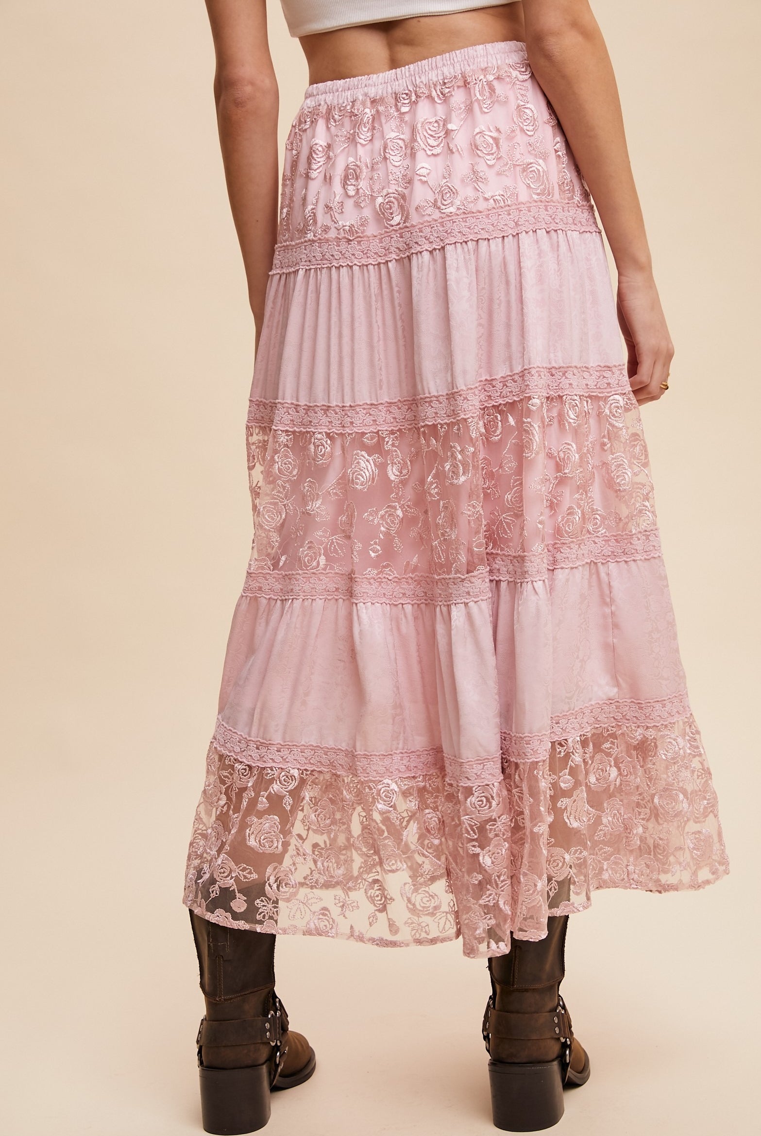 Floral Lace Embroidered Tiered Maxi Skirt - Listicle - RARA Boutique