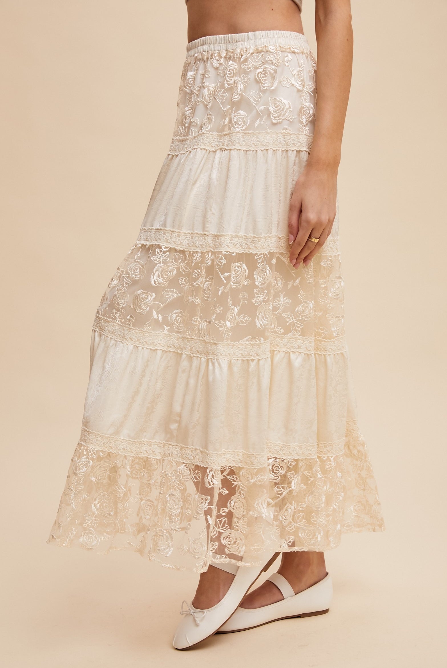 Floral Lace Embroidered Tiered Maxi Skirt - Listicle - RARA Boutique