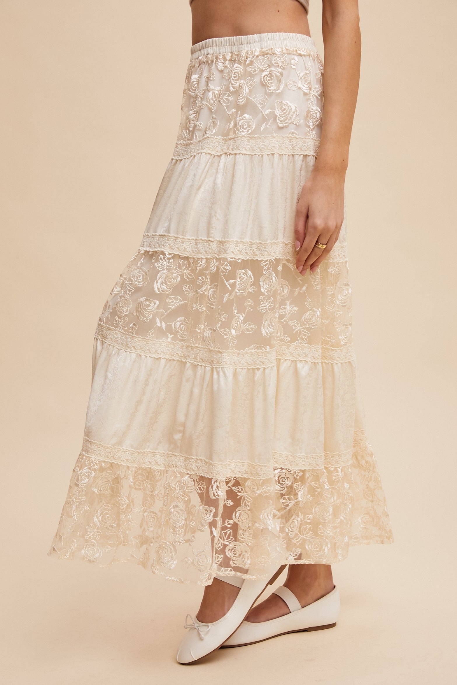 Floral Lace Embroidered Tiered Maxi Skirt - Listicle - RARA Boutique