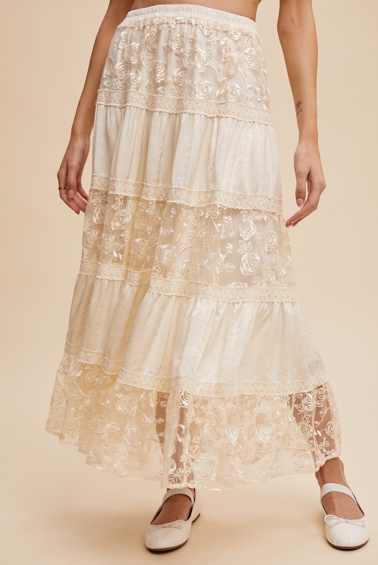 Floral Lace Embroidered Tiered Maxi Skirt - Listicle - RARA Boutique