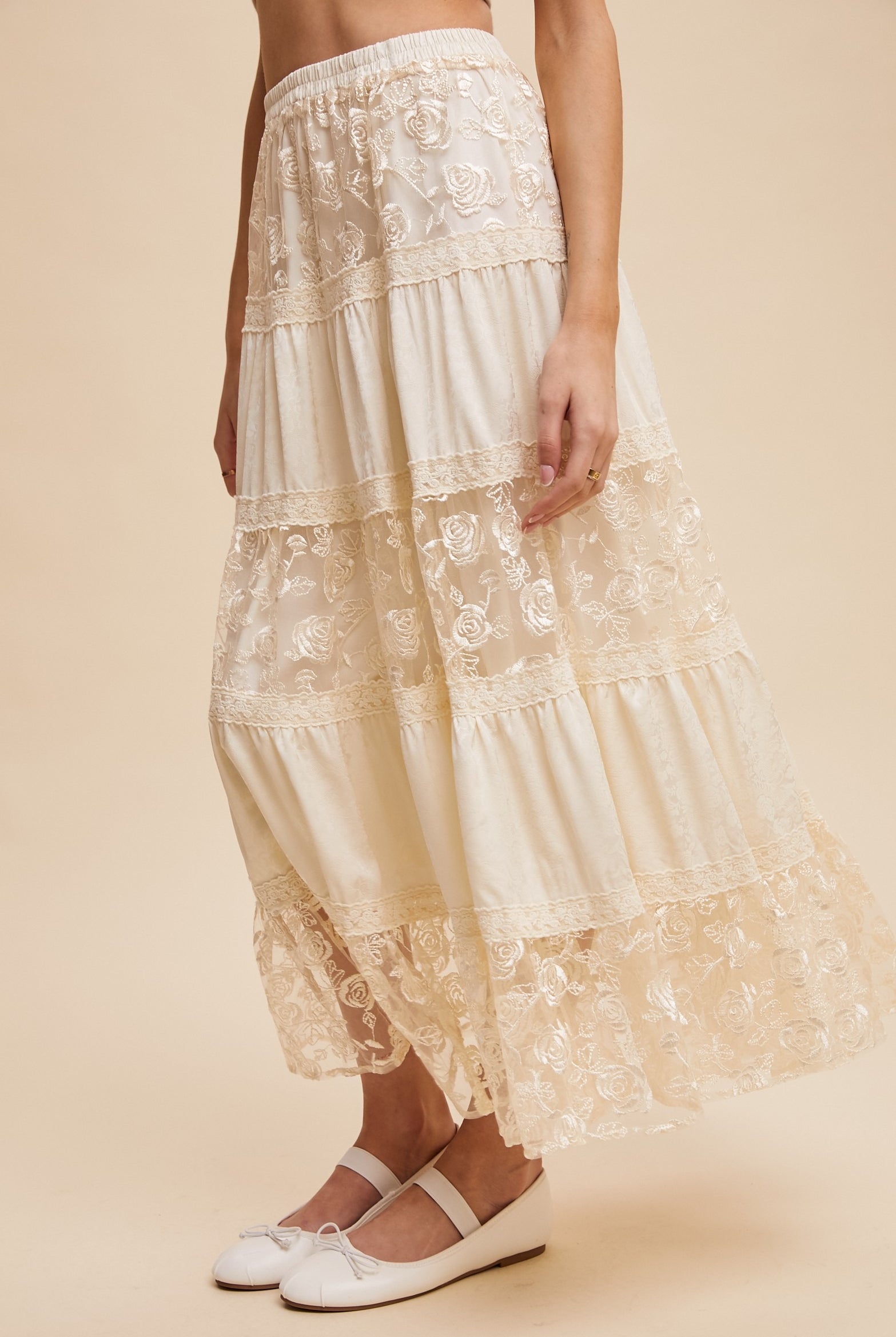 Floral Lace Embroidered Tiered Maxi Skirt - Listicle - RARA Boutique