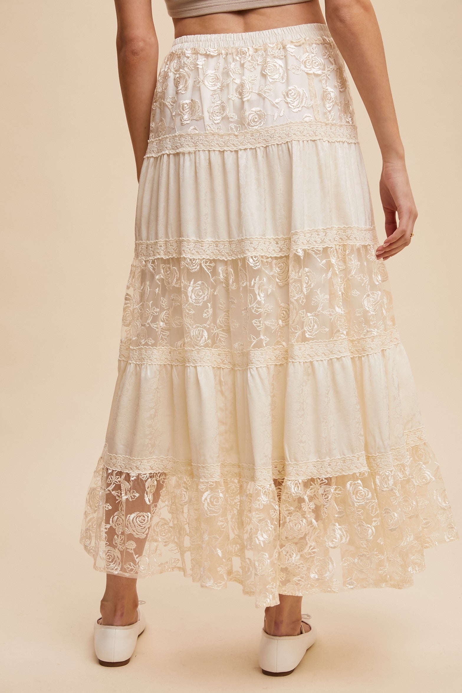 Floral Lace Embroidered Tiered Maxi Skirt - Listicle - RARA Boutique
