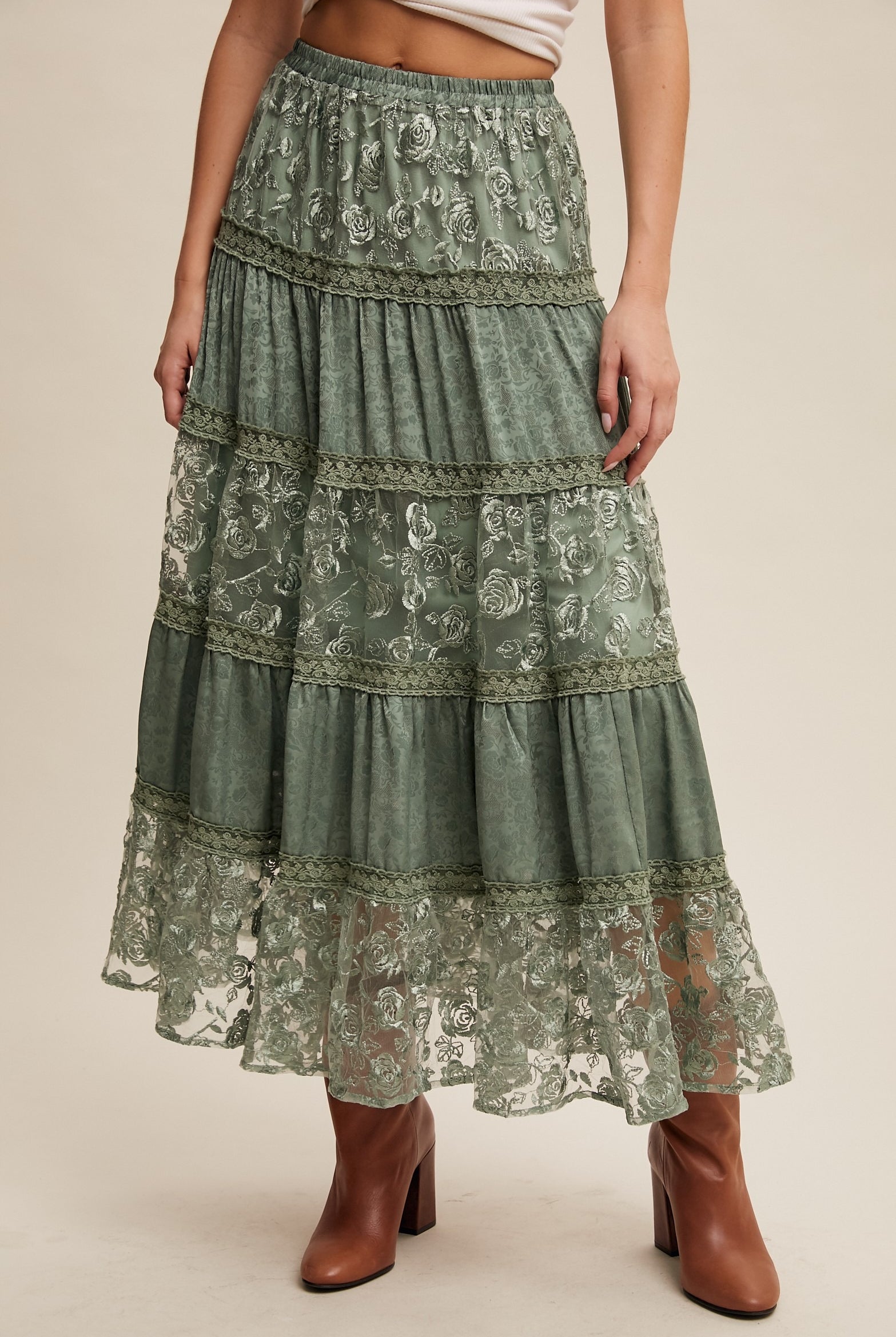Floral Lace Embroidered Tiered Maxi Skirt - Listicle - RARA Boutique