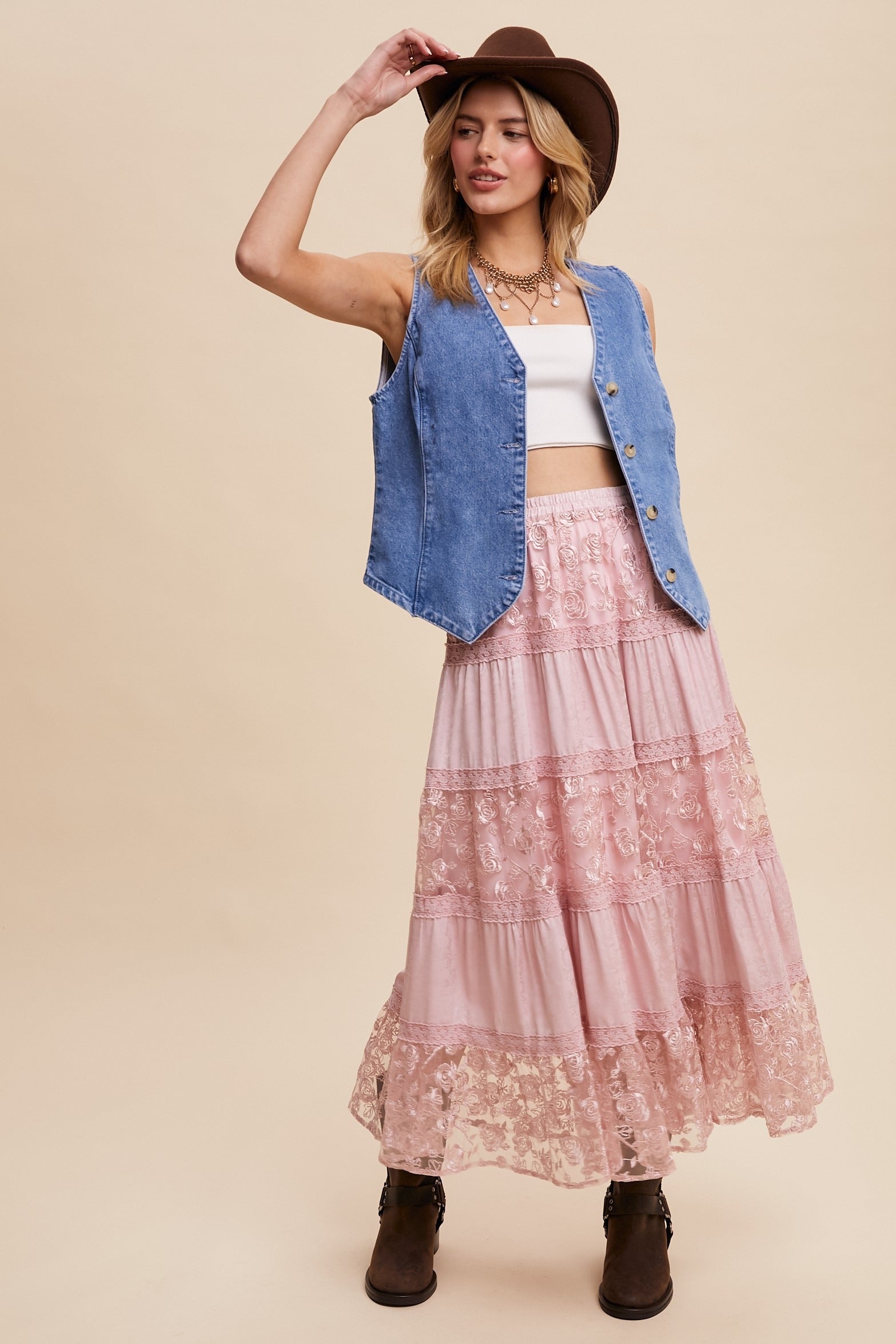 Floral Lace Embroidered Tiered Maxi Skirt - Listicle - RARA Boutique