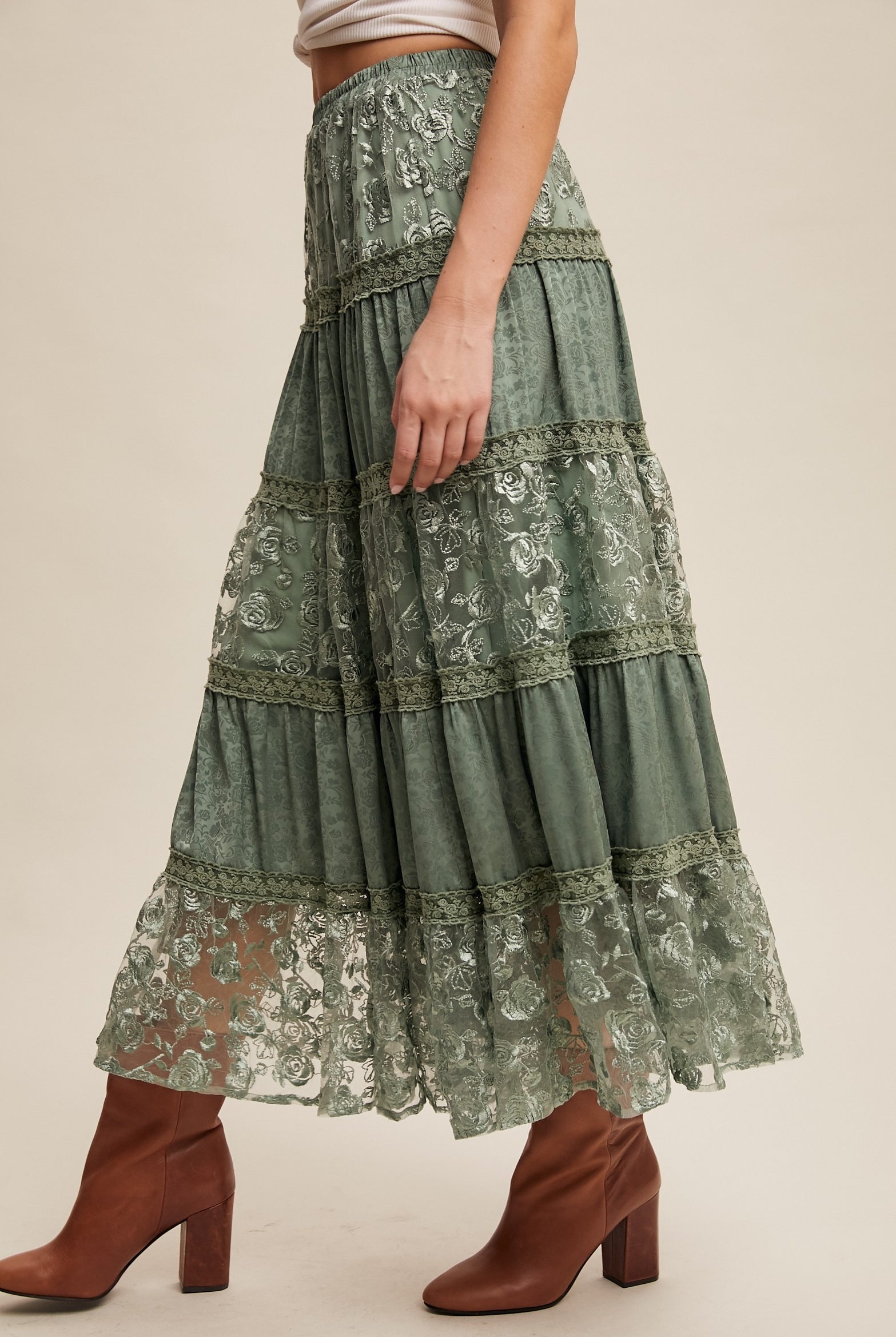 Floral Lace Embroidered Tiered Maxi Skirt - Listicle - RARA Boutique