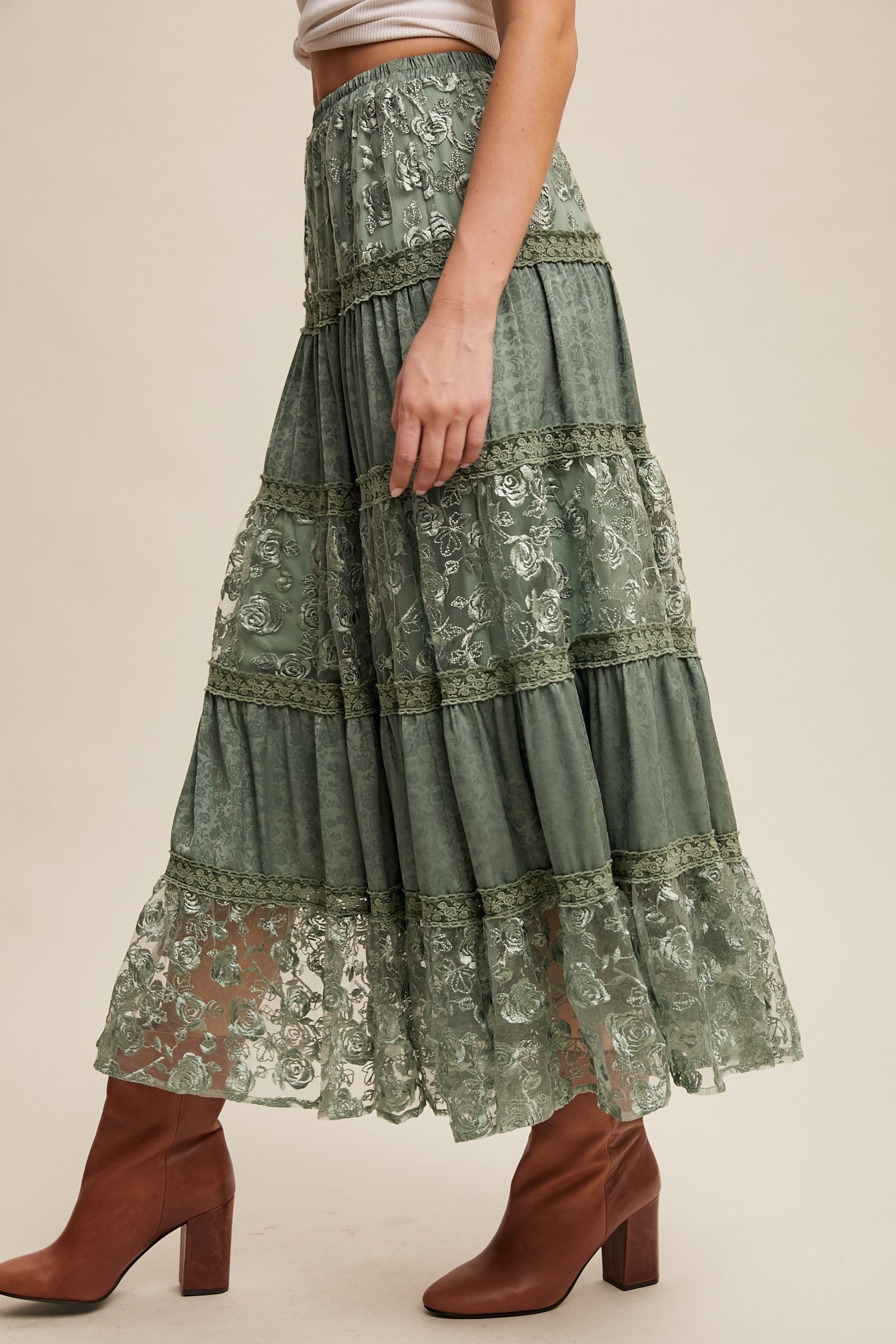 Floral Lace Embroidered Tiered Maxi Skirt - Listicle - RARA Boutique