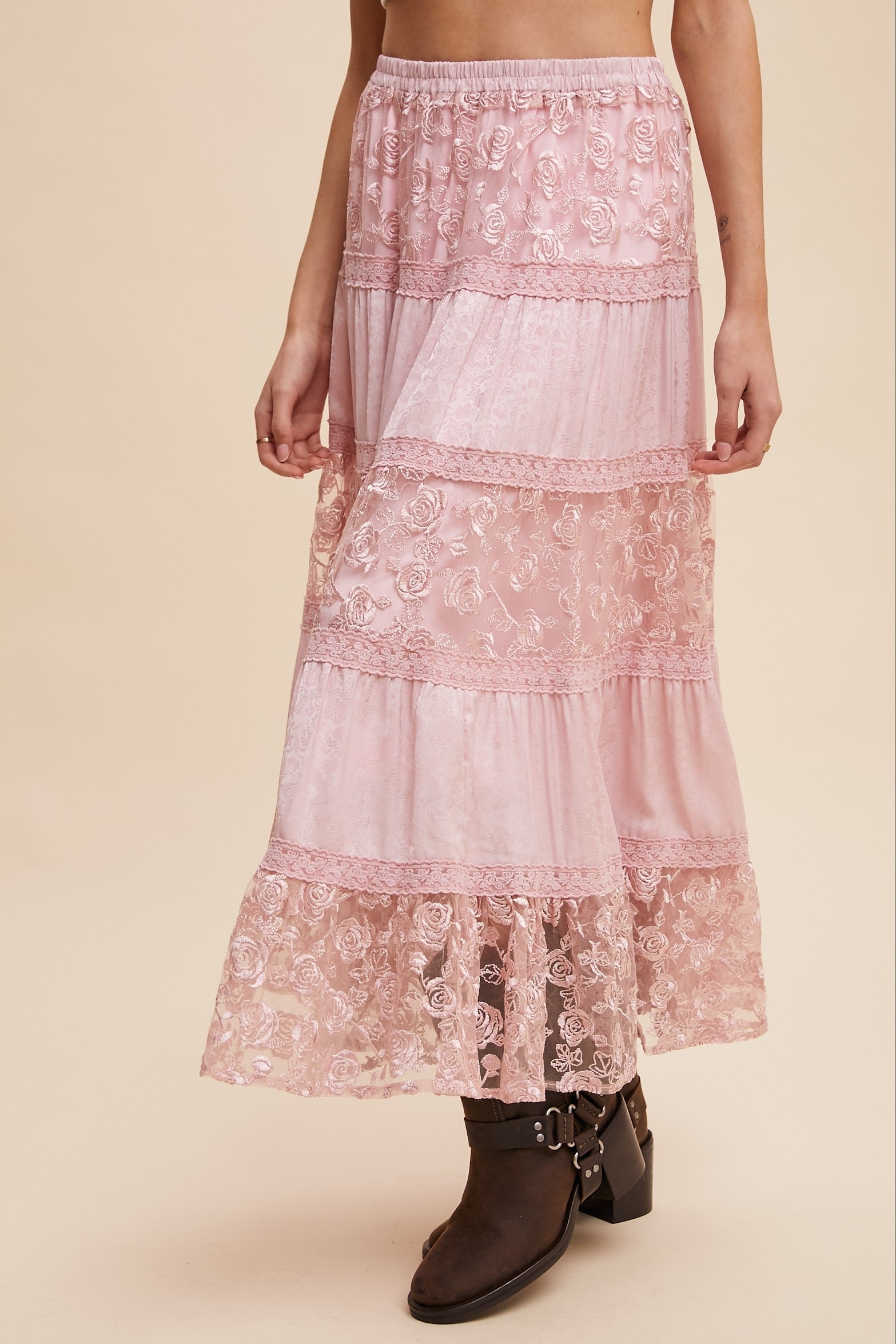 Floral Lace Embroidered Tiered Maxi Skirt - Listicle - RARA Boutique