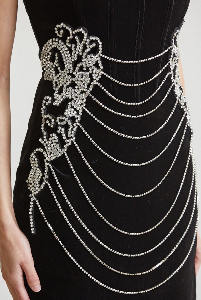 Rhinestone Velvet Corset Mini Dress with Draped Chains - BLITHE - RARA Boutique