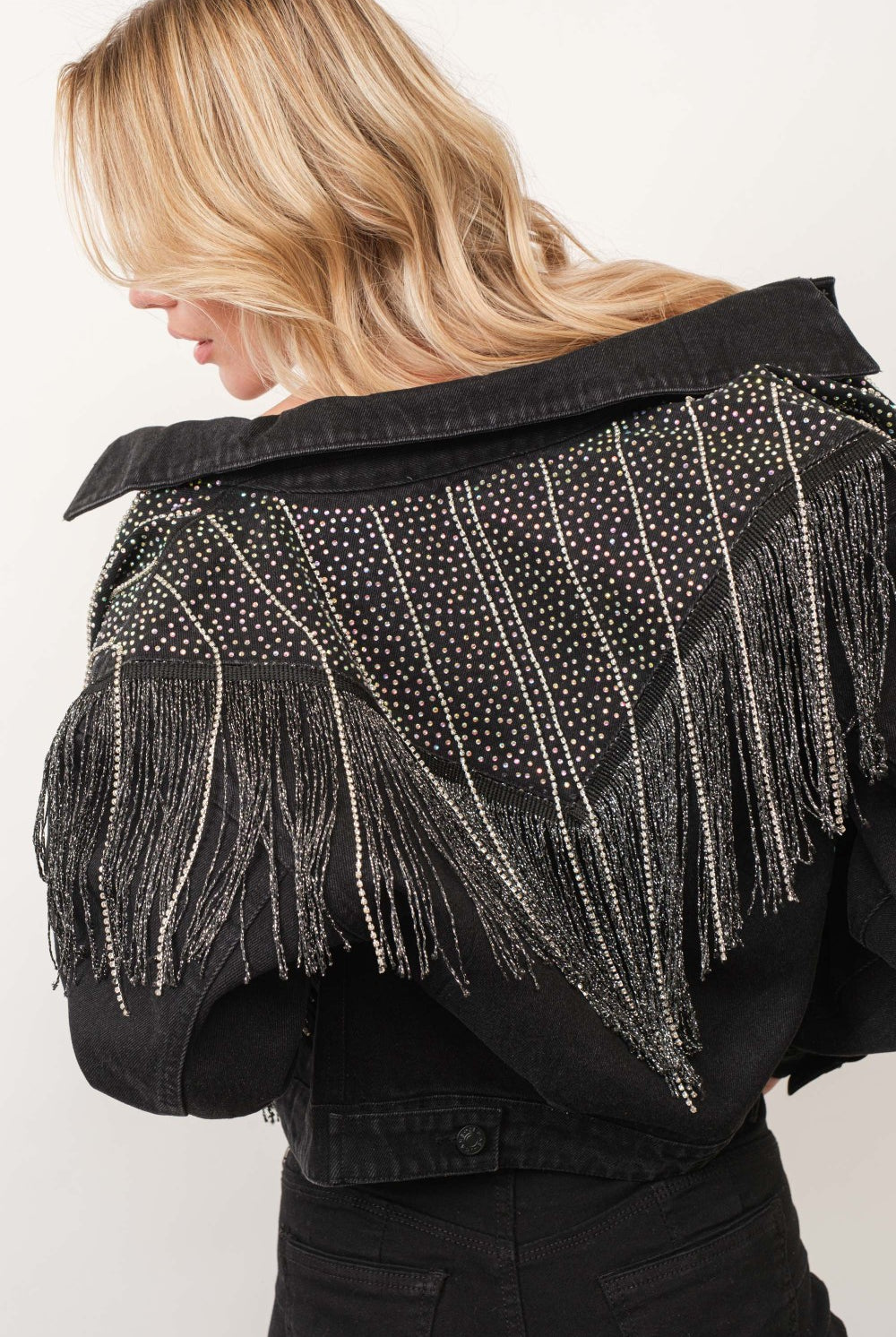 Chevron Rhinestone Fringe Sparkle Denim Jacket - RARA Boutique