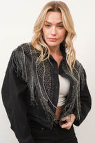 Chevron Rhinestone Fringe Sparkle Denim Jacket - RARA Boutique
