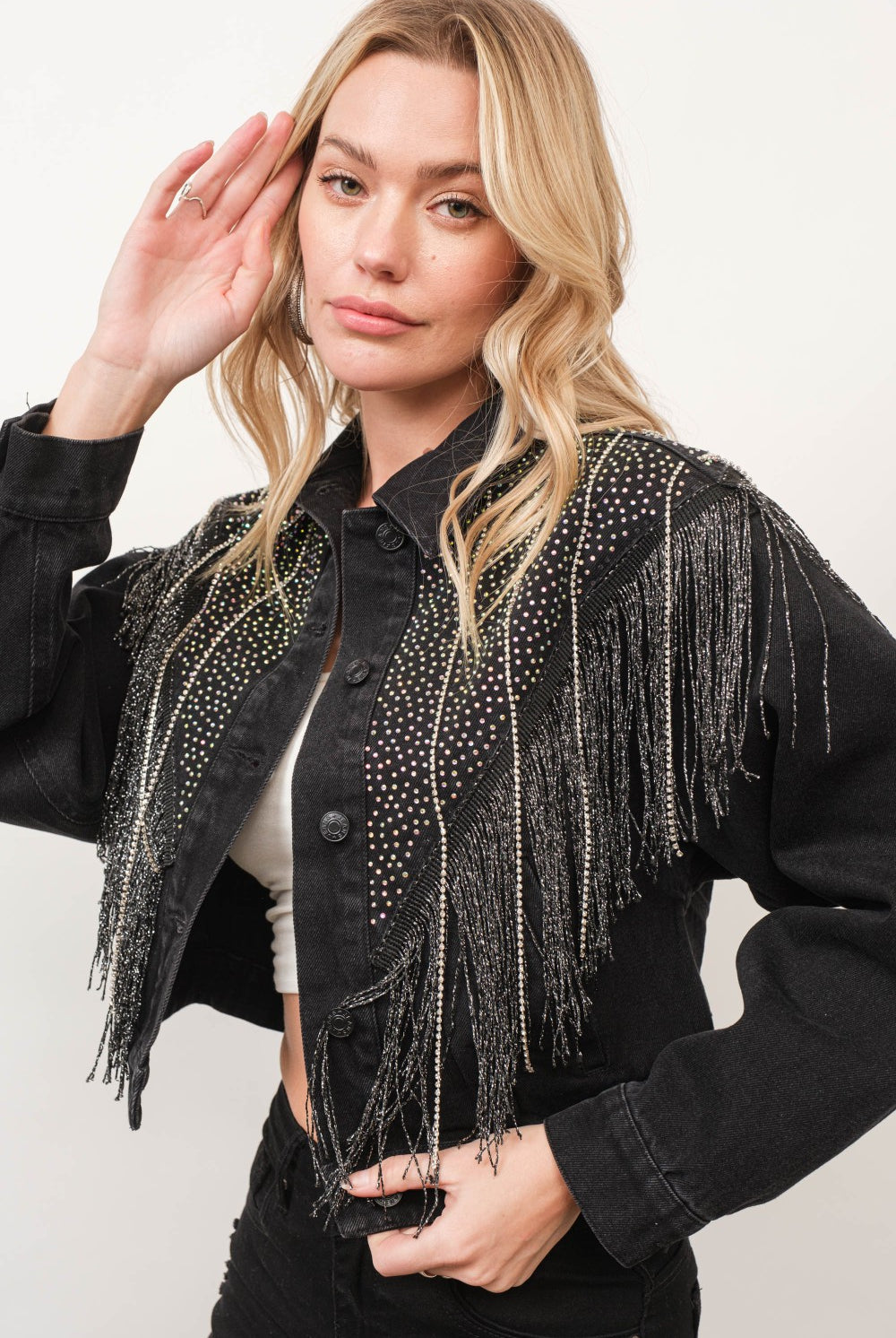 Chevron Rhinestone Fringe Sparkle Denim Jacket - RARA Boutique