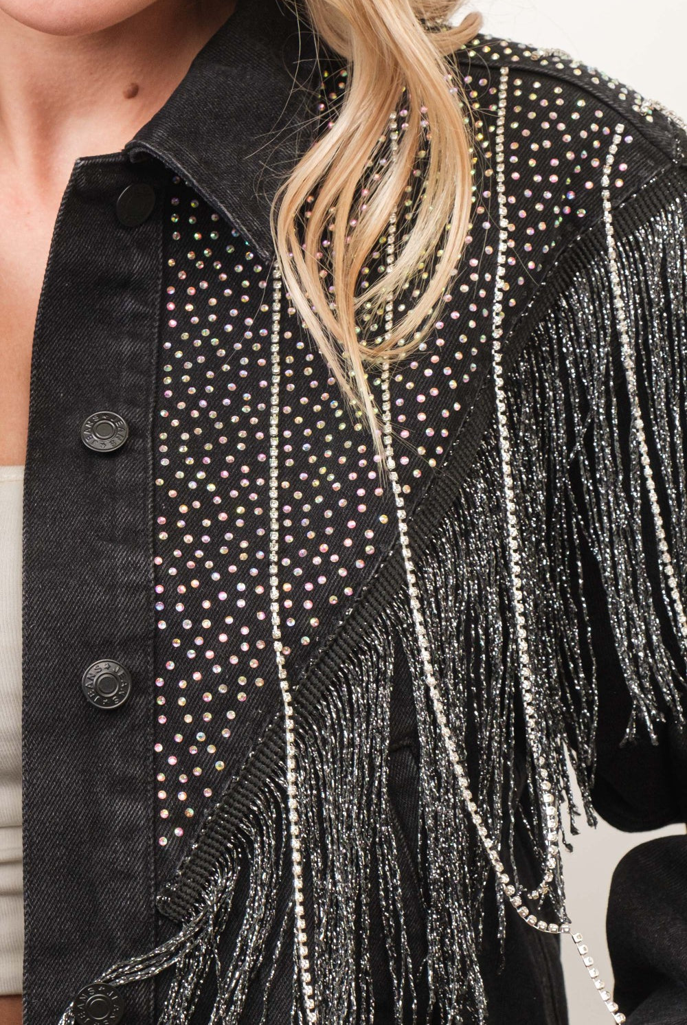 Chevron Rhinestone Fringe Sparkle Denim Jacket - RARA Boutique