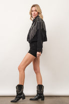 Chevron Rhinestone Fringe Sparkle Denim Jacket - RARA Boutique