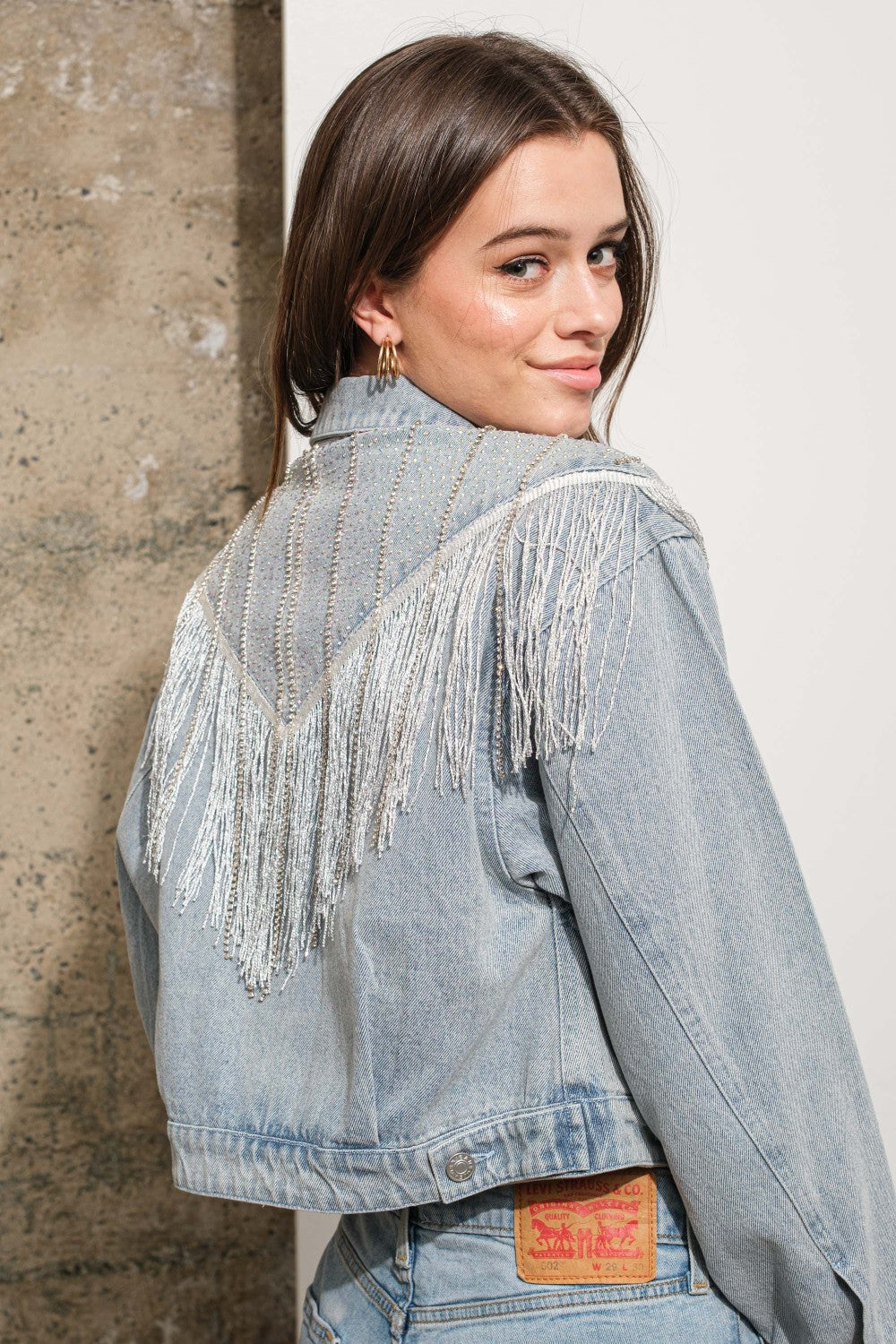 Chevron Rhinestone Fringe Sparkle Denim Jacket - RARA Boutique