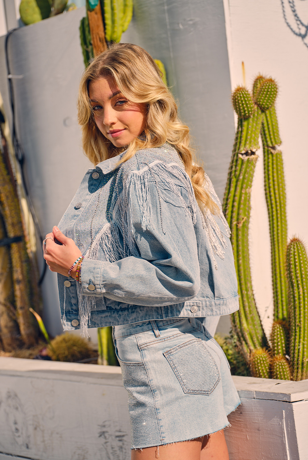 Chevron Rhinestone Fringe Sparkle Denim Jacket - RARA Boutique