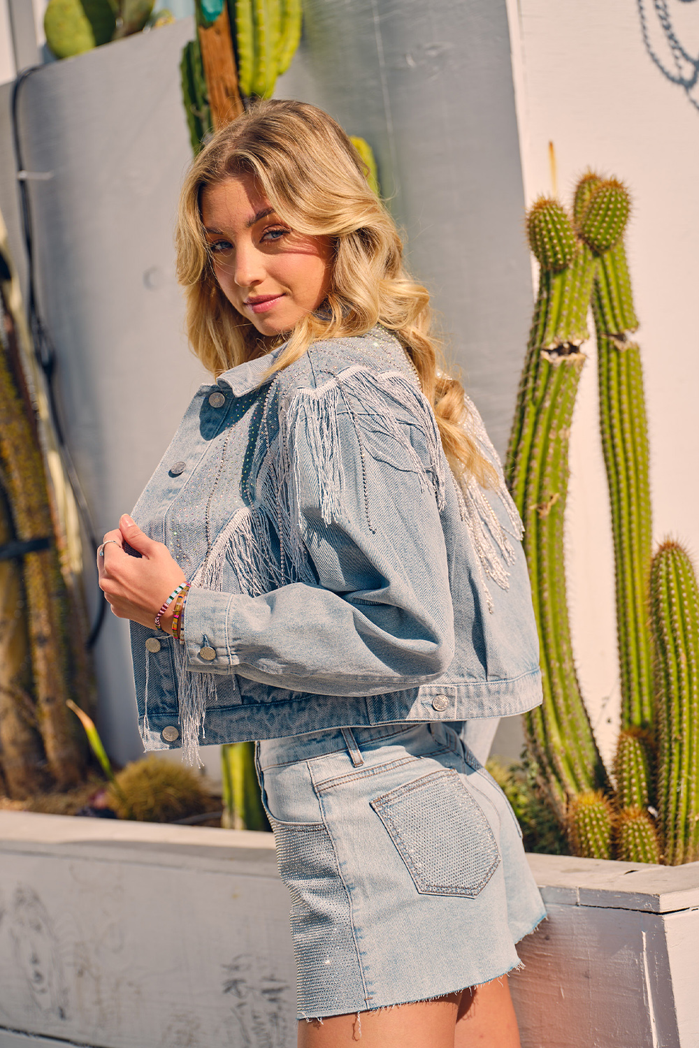 Chevron Rhinestone Fringe Sparkle Denim Jacket - RARA Boutique