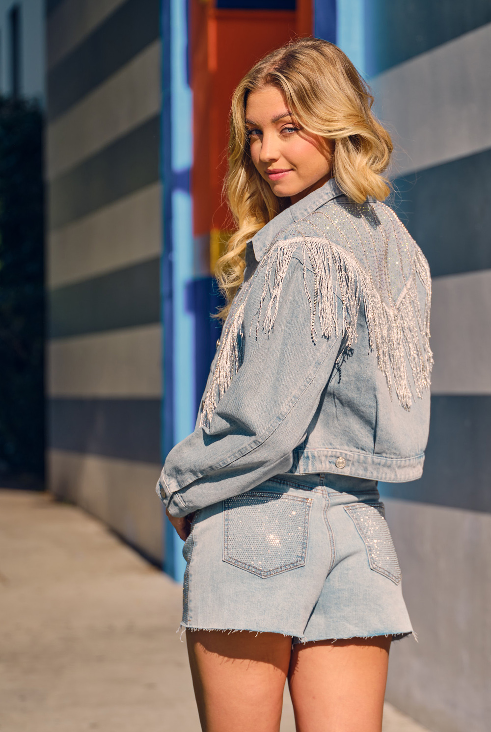 Chevron Rhinestone Fringe Sparkle Denim Jacket - RARA Boutique