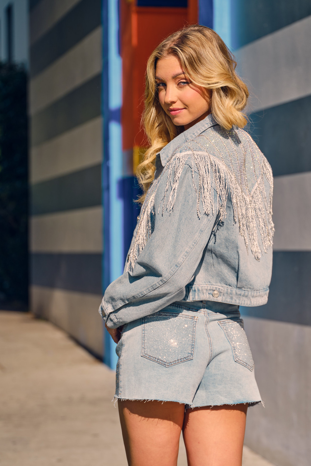 Chevron Rhinestone Fringe Sparkle Denim Jacket - RARA Boutique