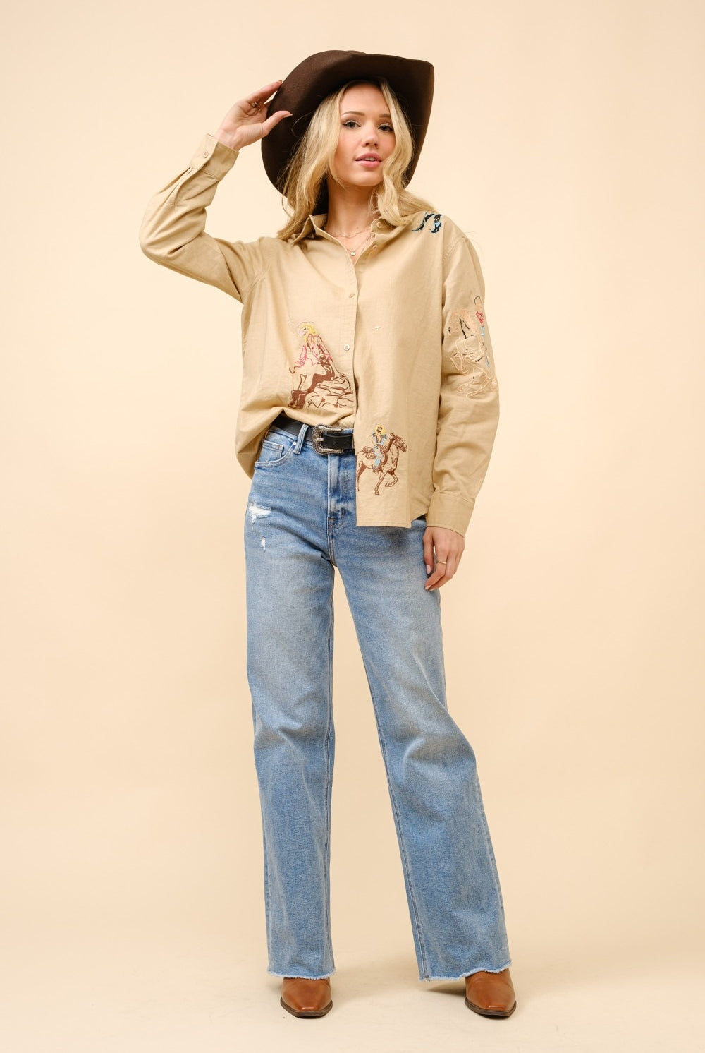 Embroidered Western Cowgirl Linen Shirt Blouse - Blue B - RARA Boutique