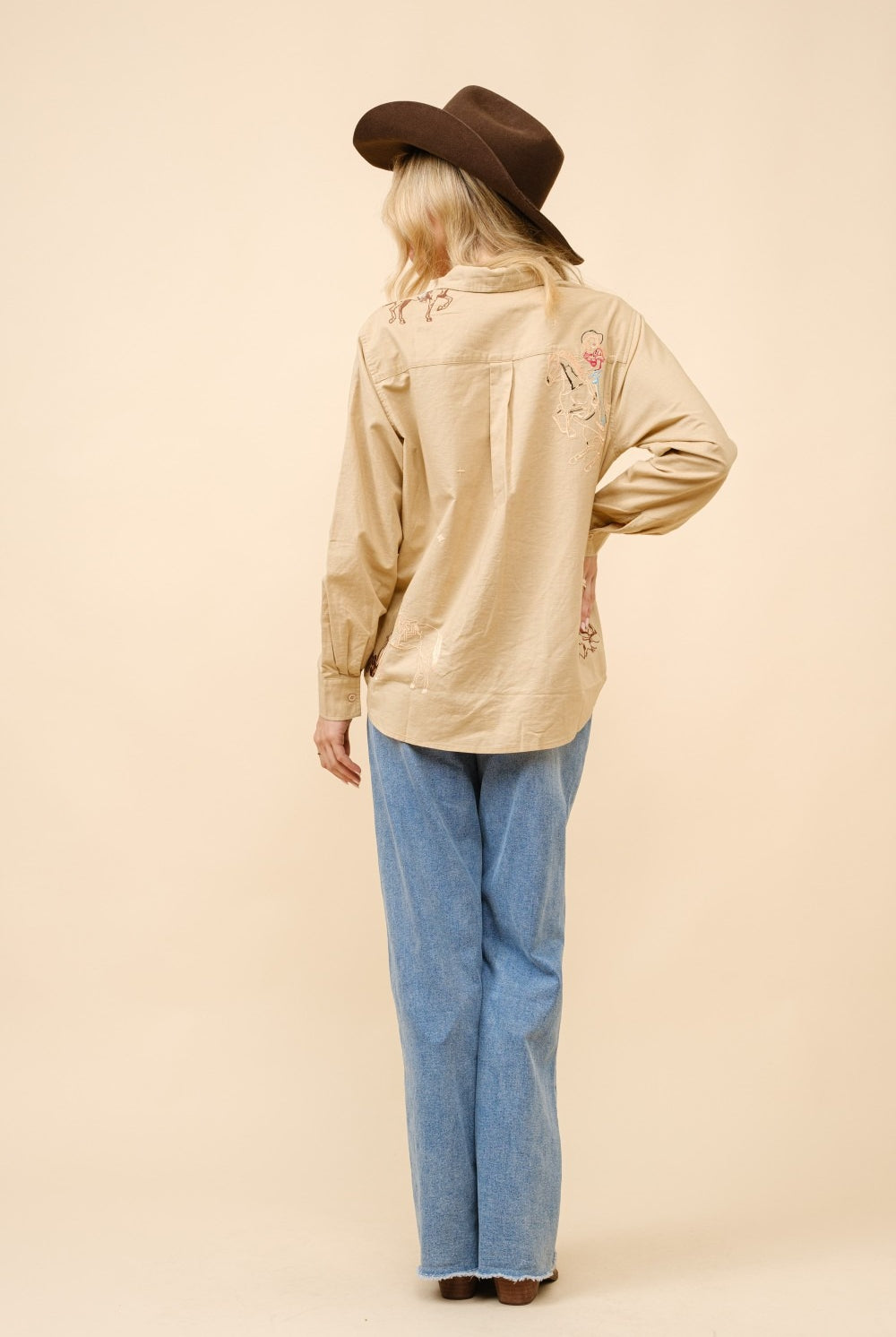 Embroidered Western Cowgirl Linen Shirt Blouse - Blue B - RARA Boutique