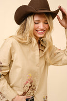 Embroidered Western Cowgirl Linen Shirt Blouse - Blue B - RARA Boutique