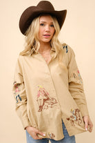 Embroidered Western Cowgirl Linen Shirt Blouse - Blue B - RARA Boutique