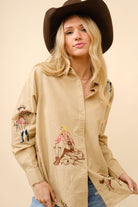 Embroidered Western Cowgirl Linen Shirt Blouse - Blue B - RARA Boutique