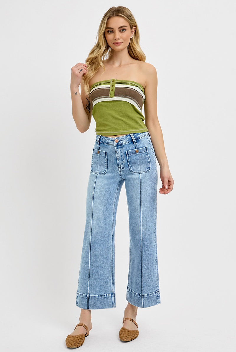Pintuck Square Patch Pocket Wide Leg Cropped Jeans - Risen - RARA Boutique