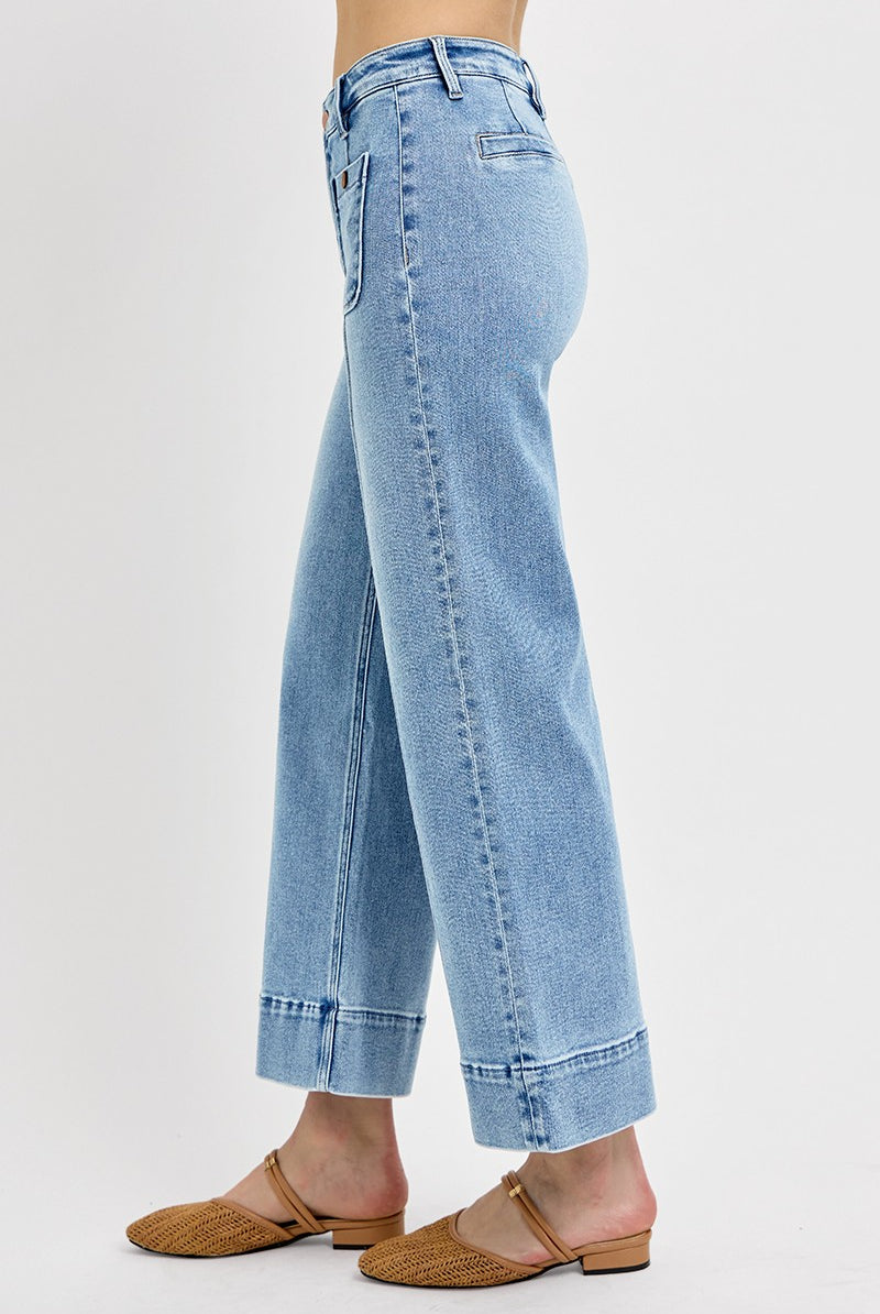 Pintuck Square Patch Pocket Wide Leg Cropped Jeans - Risen - RARA Boutique