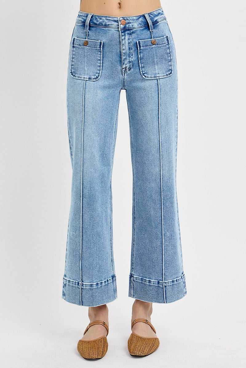Pintuck Square Patch Pocket Wide Leg Cropped Jeans - Risen - RARA Boutique