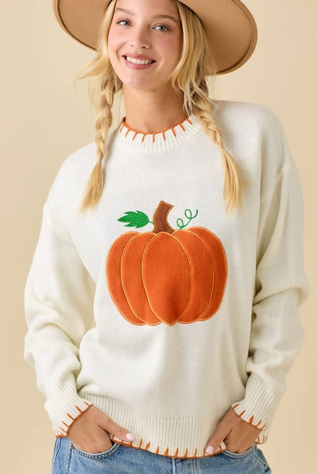 Textured Pumpkin Patch Sweater Knit Top with Stitching Detail - Main Strip - RARA Boutique