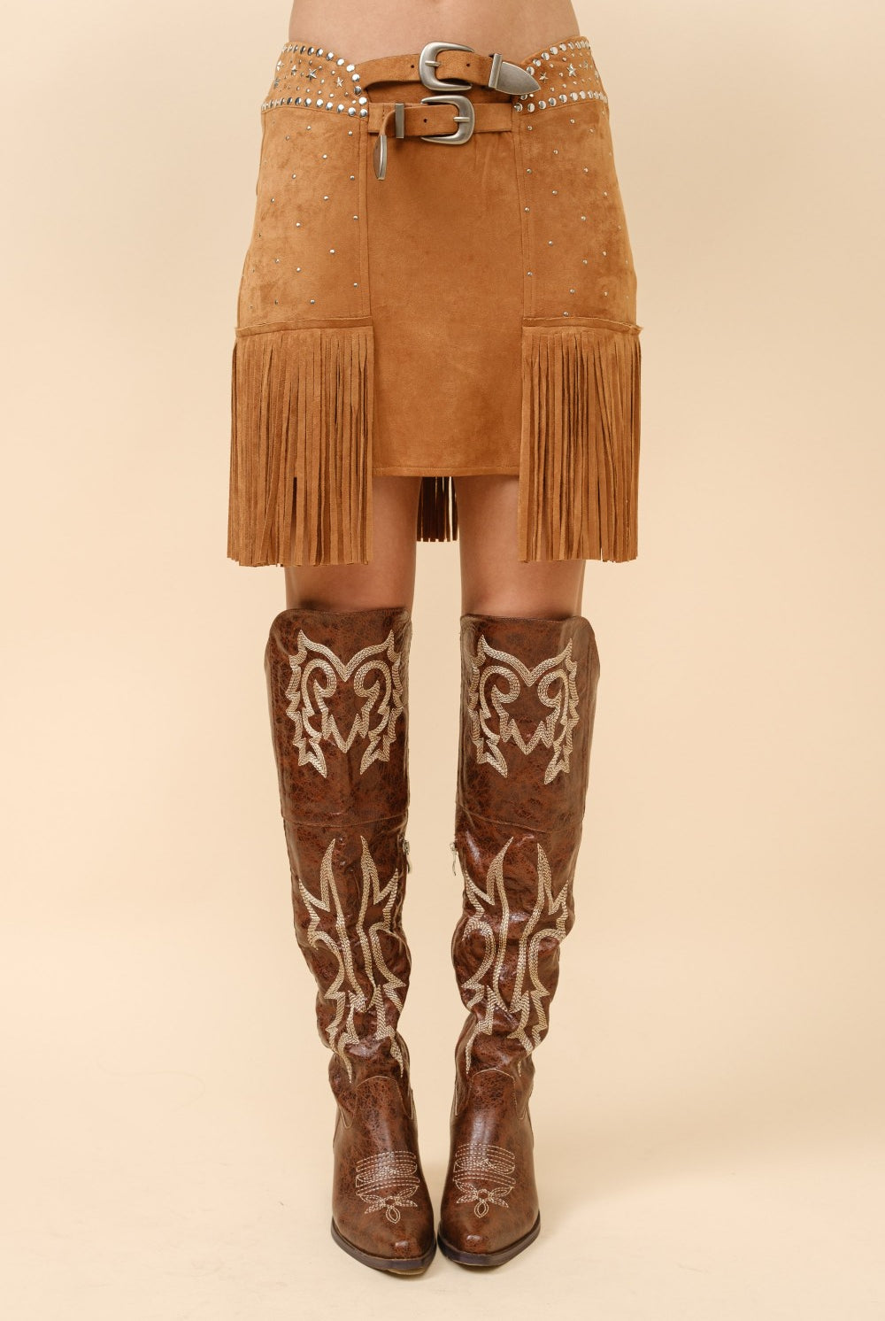 Double Belted Star Studded Suede Fringe Mini Skirt - RARA Boutique