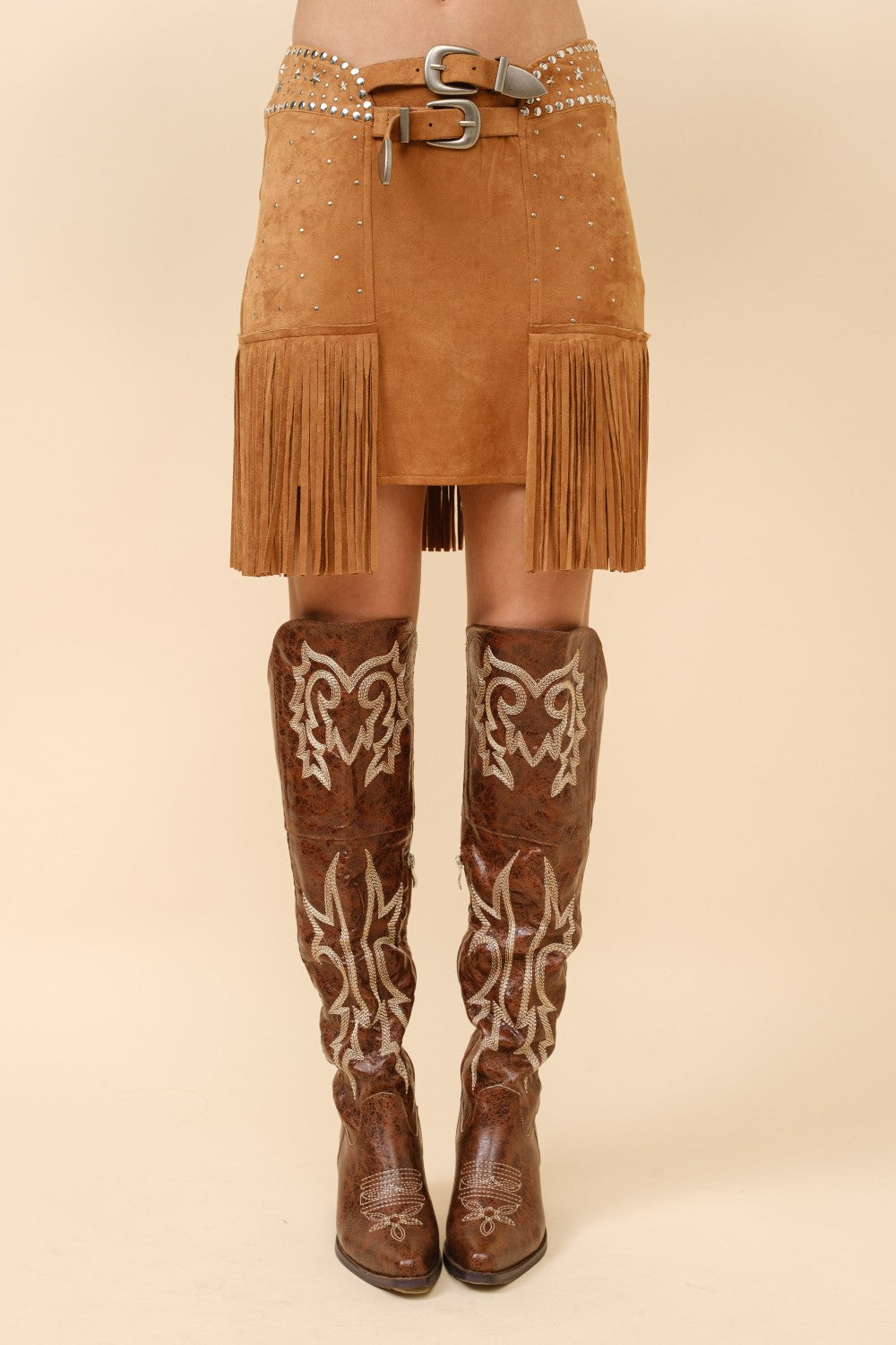 Double Belted Star Studded Suede Fringe Mini Skirt - RARA Boutique