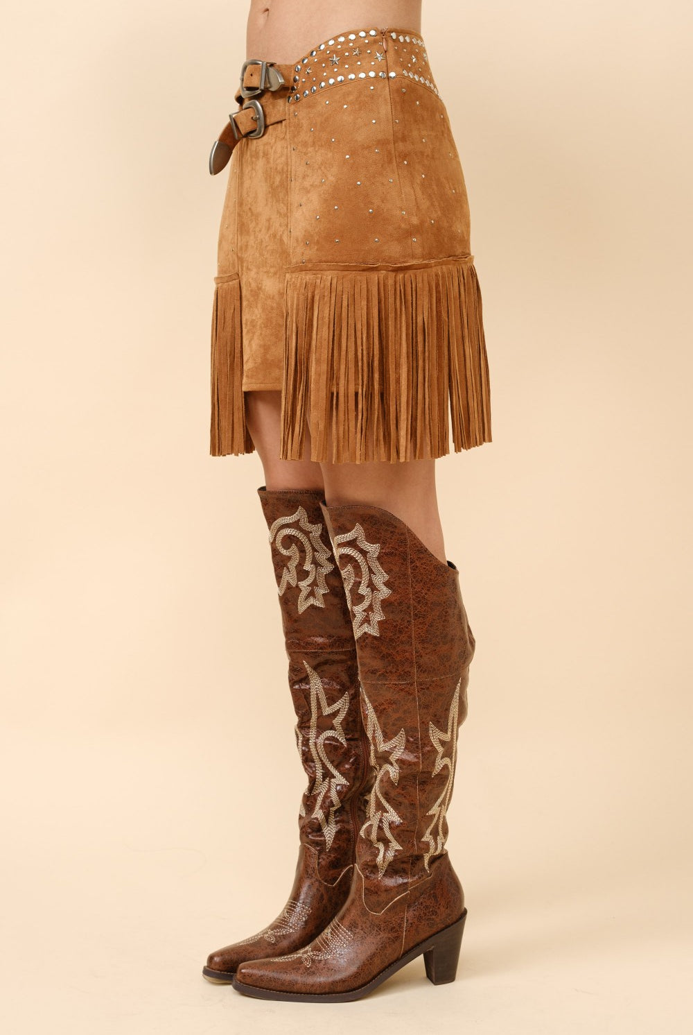 Double Belted Star Studded Suede Fringe Mini Skirt - RARA Boutique