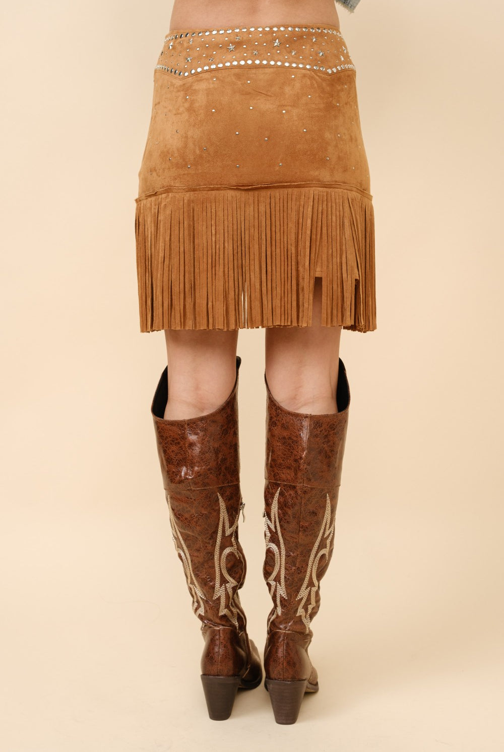 Double Belted Star Studded Suede Fringe Mini Skirt - RARA Boutique