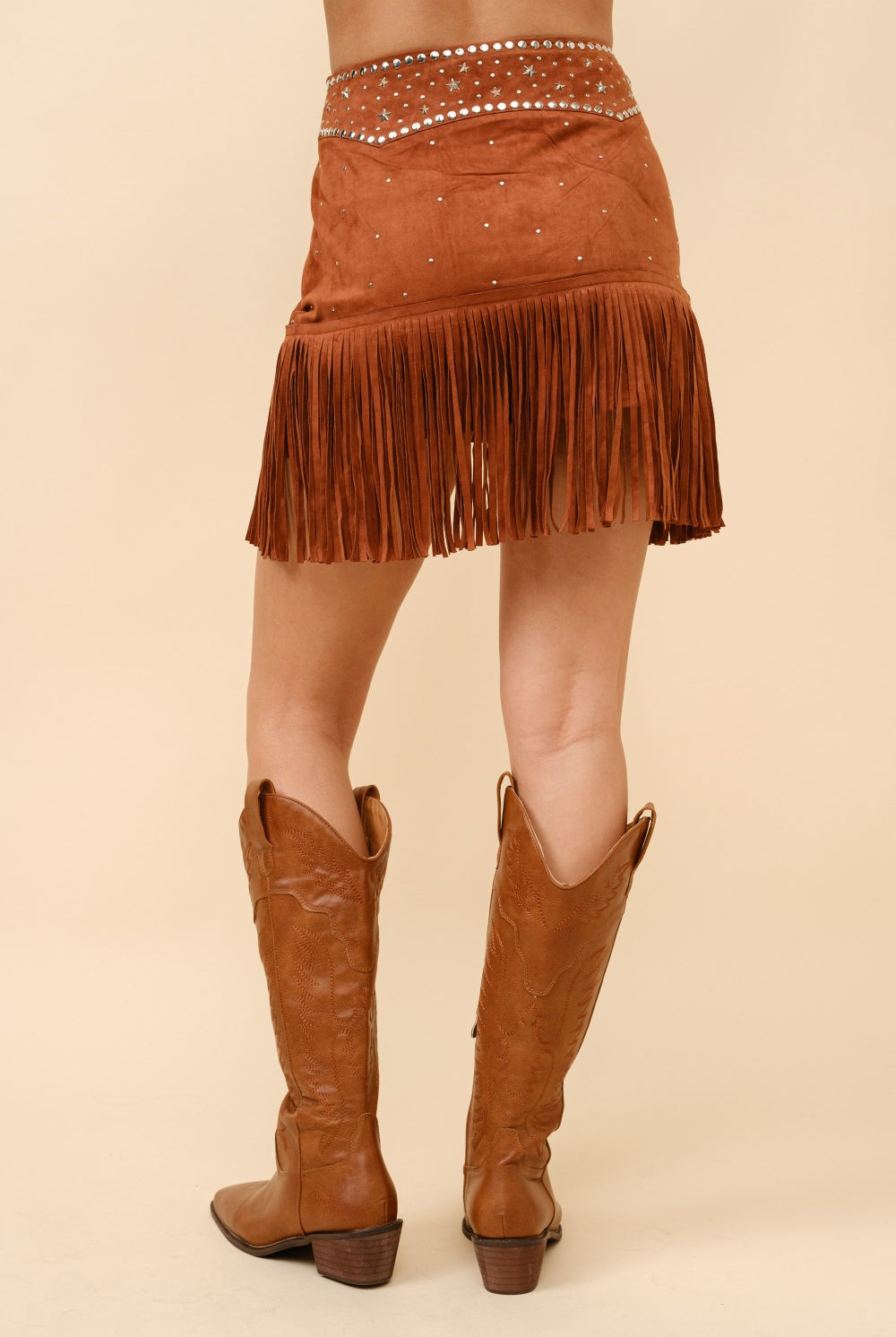 Double Belted Star Studded Suede Fringe Mini Skirt - RARA Boutique