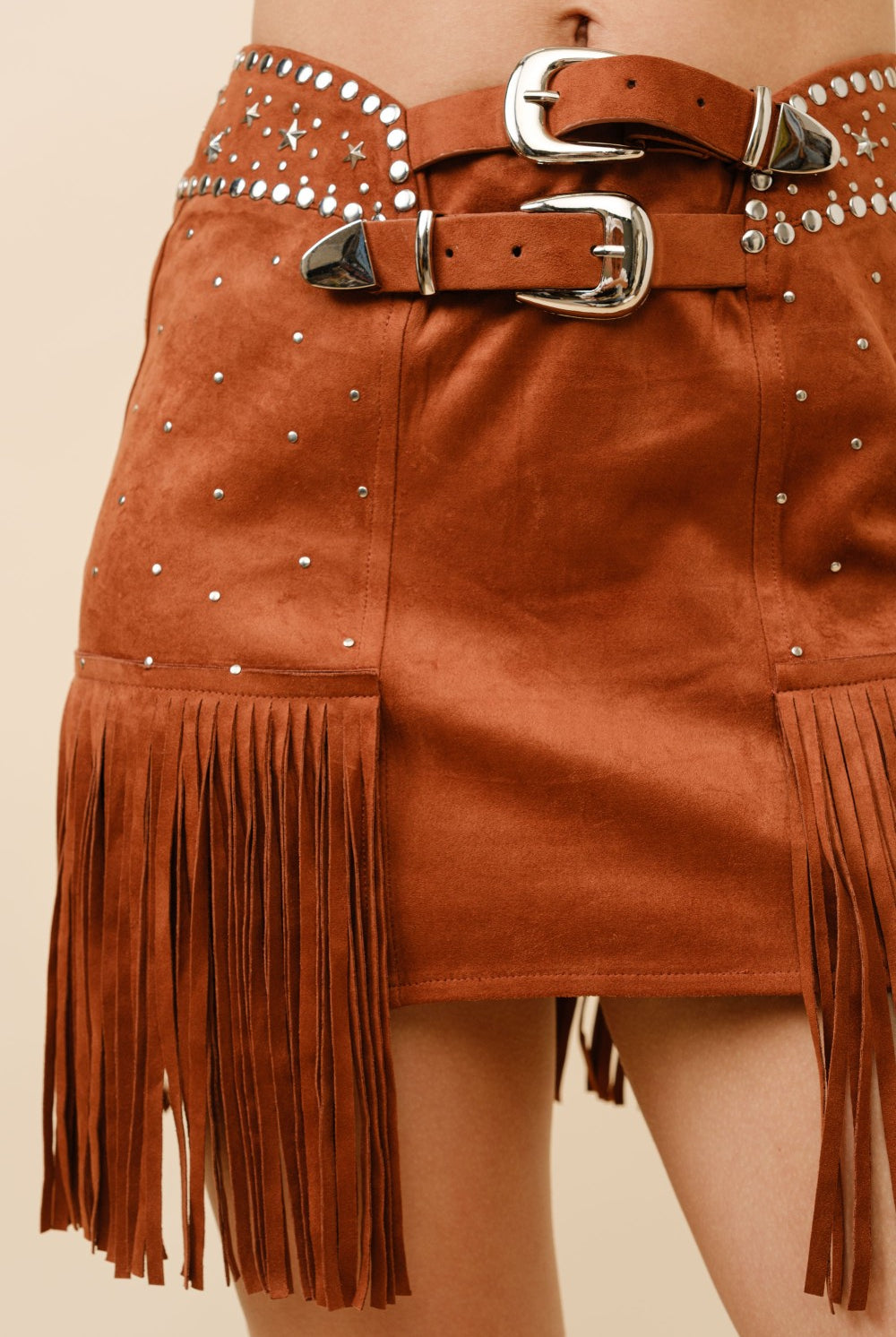 Double Belted Star Studded Suede Fringe Mini Skirt - RARA Boutique